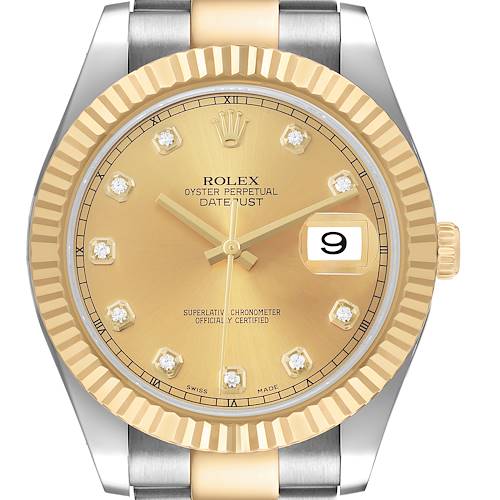 The Rolex Datejust 41 116333 Men's Steel and Gold (two tone) Champagne Dial is shown from a front view, highlighting the gold dial, fluted bezel, and date window at 3 o'clock.