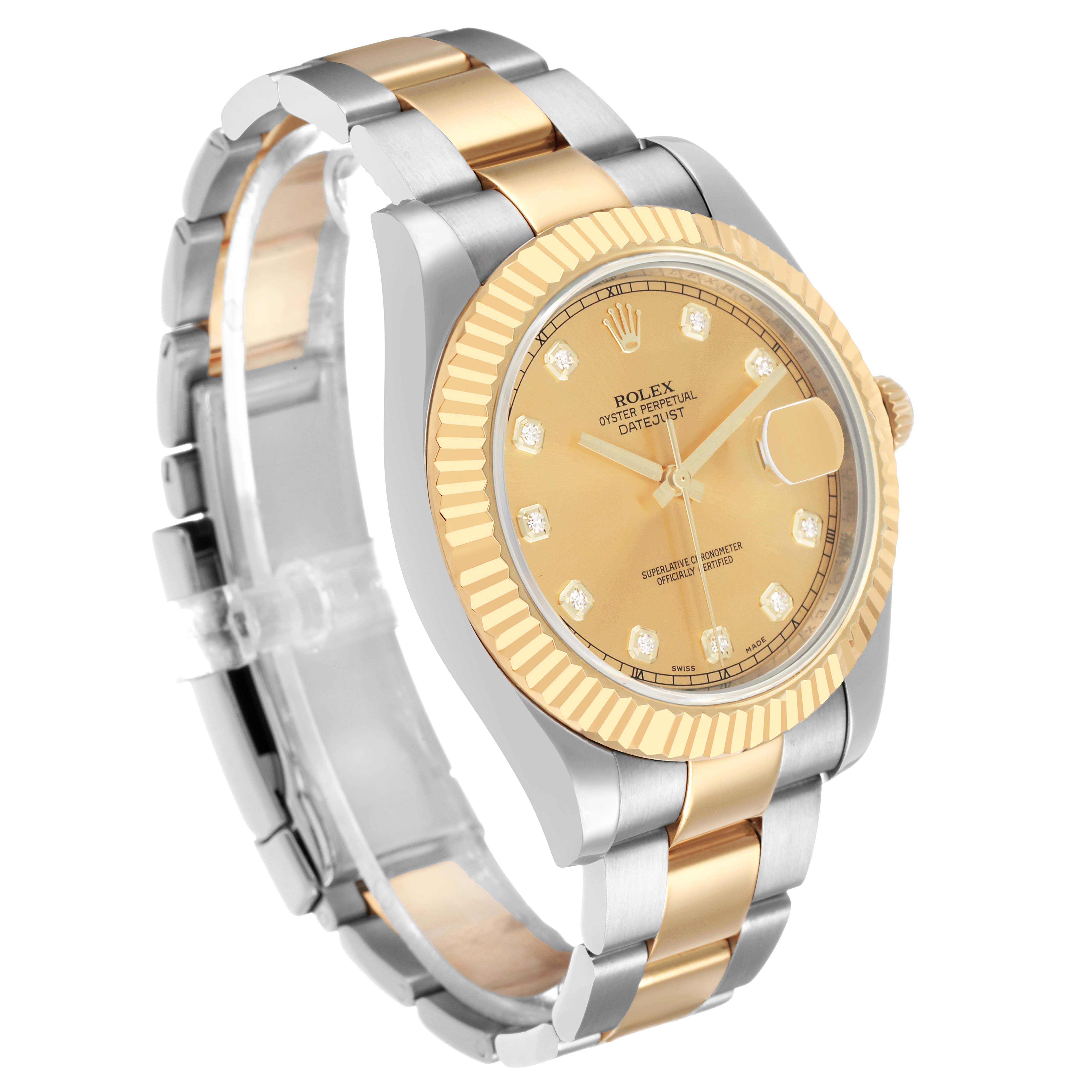The Rolex Datejust 41 116333 Men's Steel and Gold (two tone) Champagne Dial is shown at a three-quarter angle highlighting the bracelet, dial, bezel, and crown.