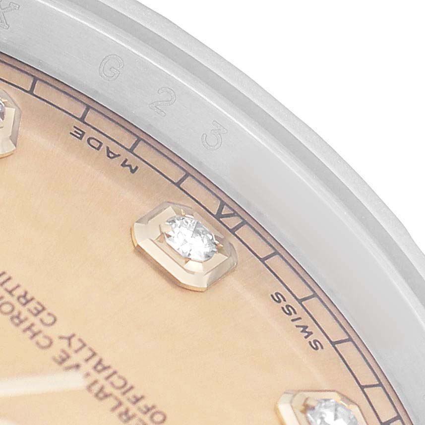The image shows a close-up of the Rolex Datejust 41 116333 Men's Steel and Gold (two tone) Champagne Dial watch, focusing on the dial and diamond indices at an oblique angle.