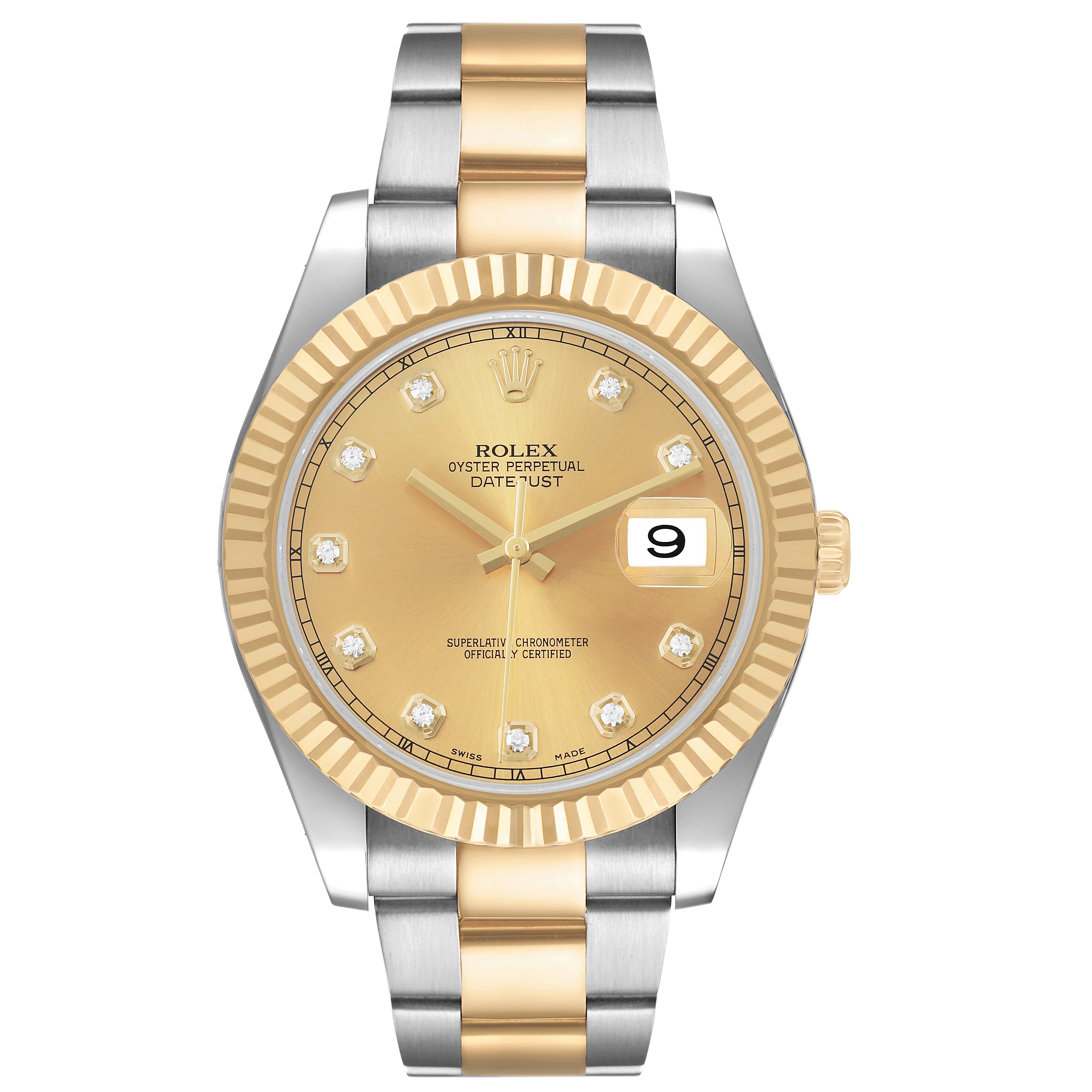 The Rolex Datejust 41 116333 Men's Steel and Gold (two tone) Champagne Dial watch is shown from the front, displaying its gold dial, fluted bezel, and two-tone bracelet.