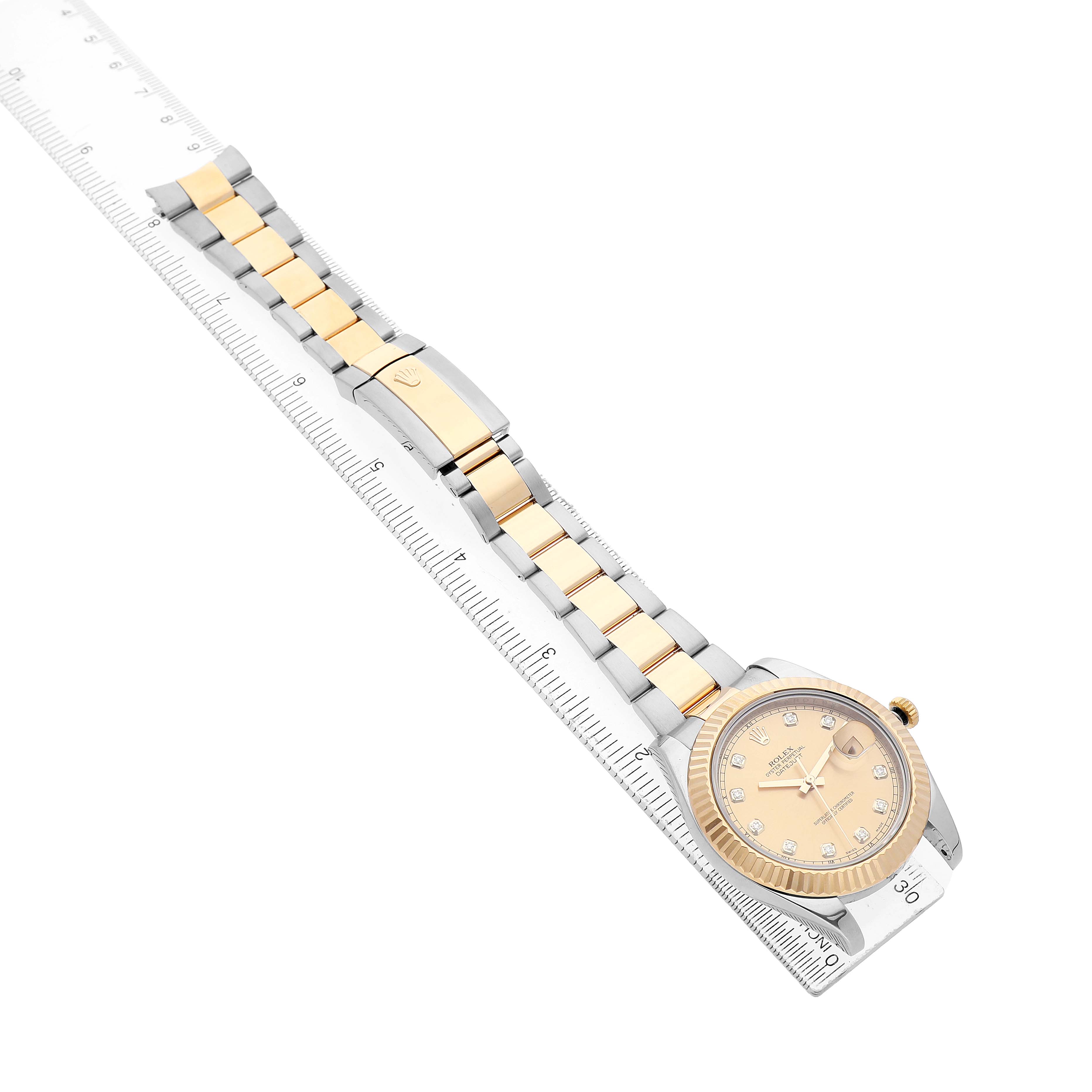 The Rolex Datejust 41 116333 Men's Steel and Gold (two tone) Champagne Dial watch is shown from an angled top view, highlighting its gold and silver-toned bracelet and face.