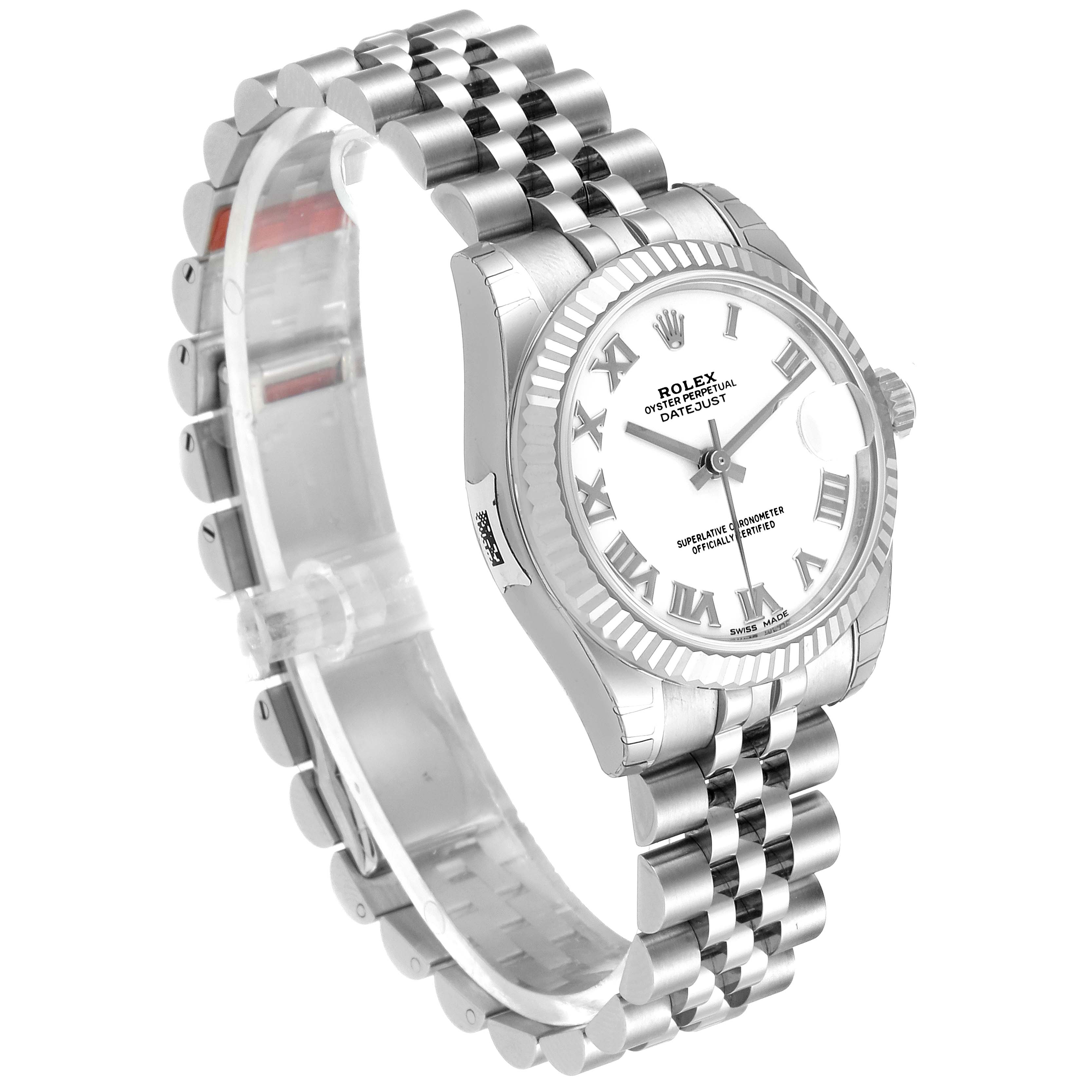 The image shows a Rolex Mid-Size 178274 Women
s Stainless Steel White Dial 178274 Women
s Stainless Steel White Dial Datejust watch at a slight angle, highlighting the face, bezel, and jubilee bracelet.