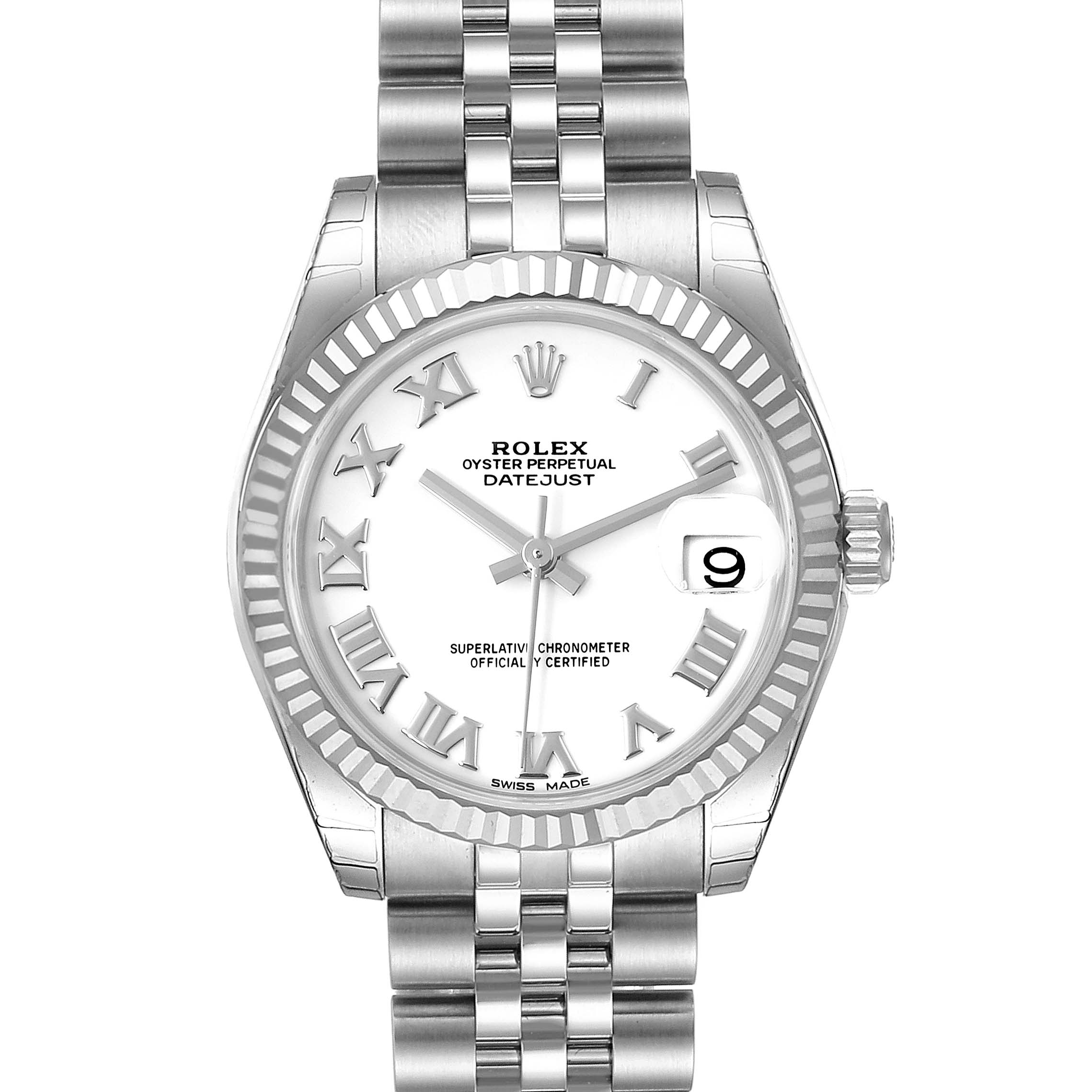 This image shows the front view of a Rolex Datejust Mid-Size watch, featuring a white dial, Roman numerals, and a Jubilee bracelet.
