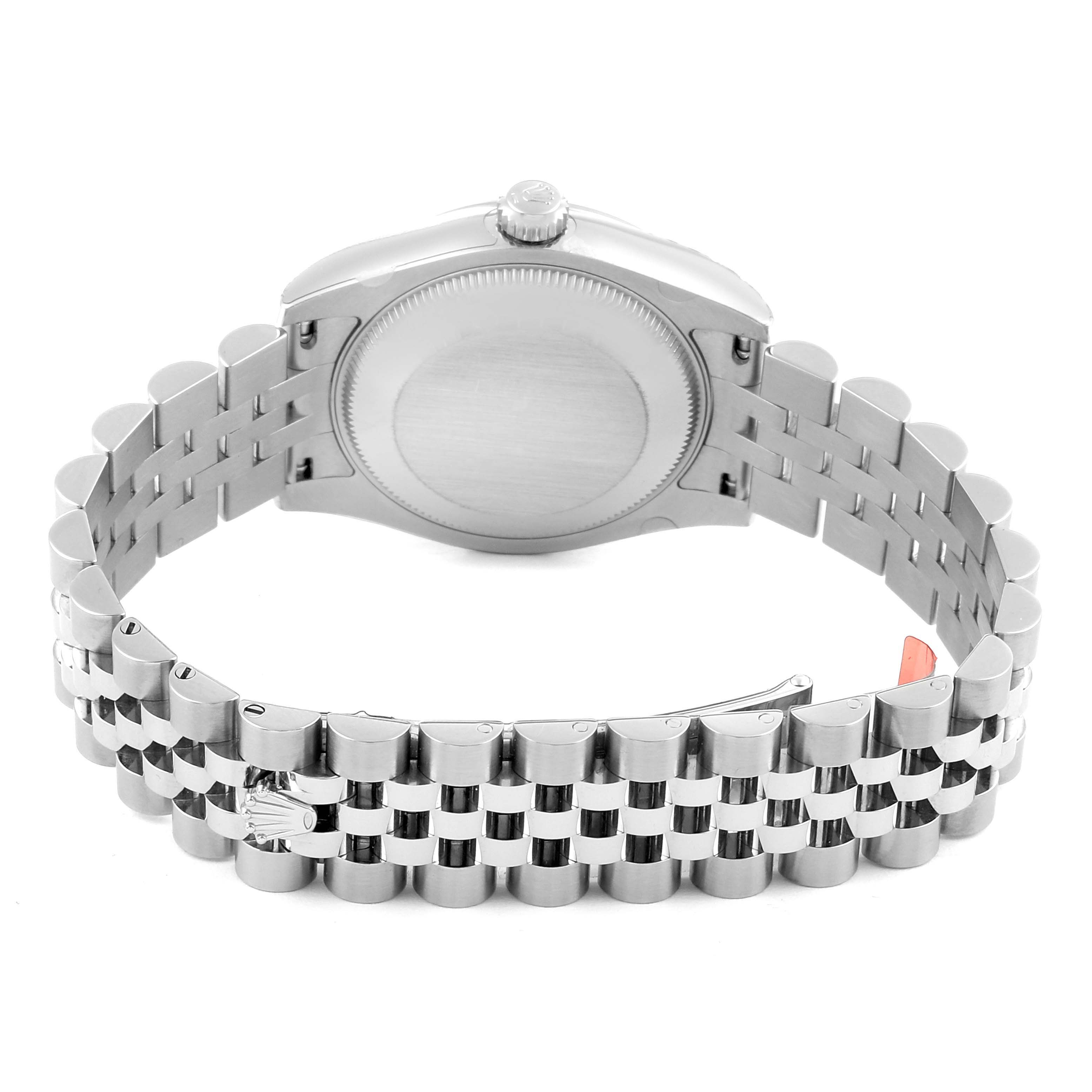 This image shows the back view of the Mid-Size Rolex watch, highlighting the bracelet and case back.