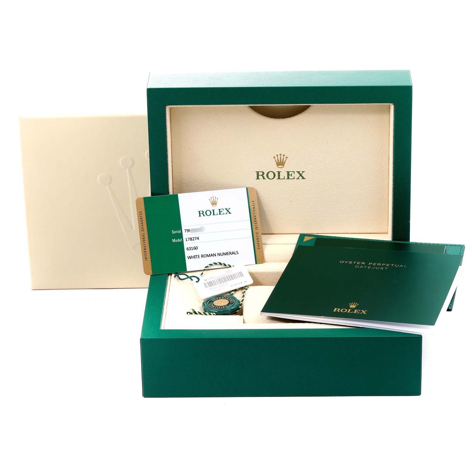 The image shows the packaging for a Rolex Mid-Size 178274 Women
s Stainless Steel White Dial 178274 Women
s Stainless Steel White Dial watch, including the box, manual, and certification card.