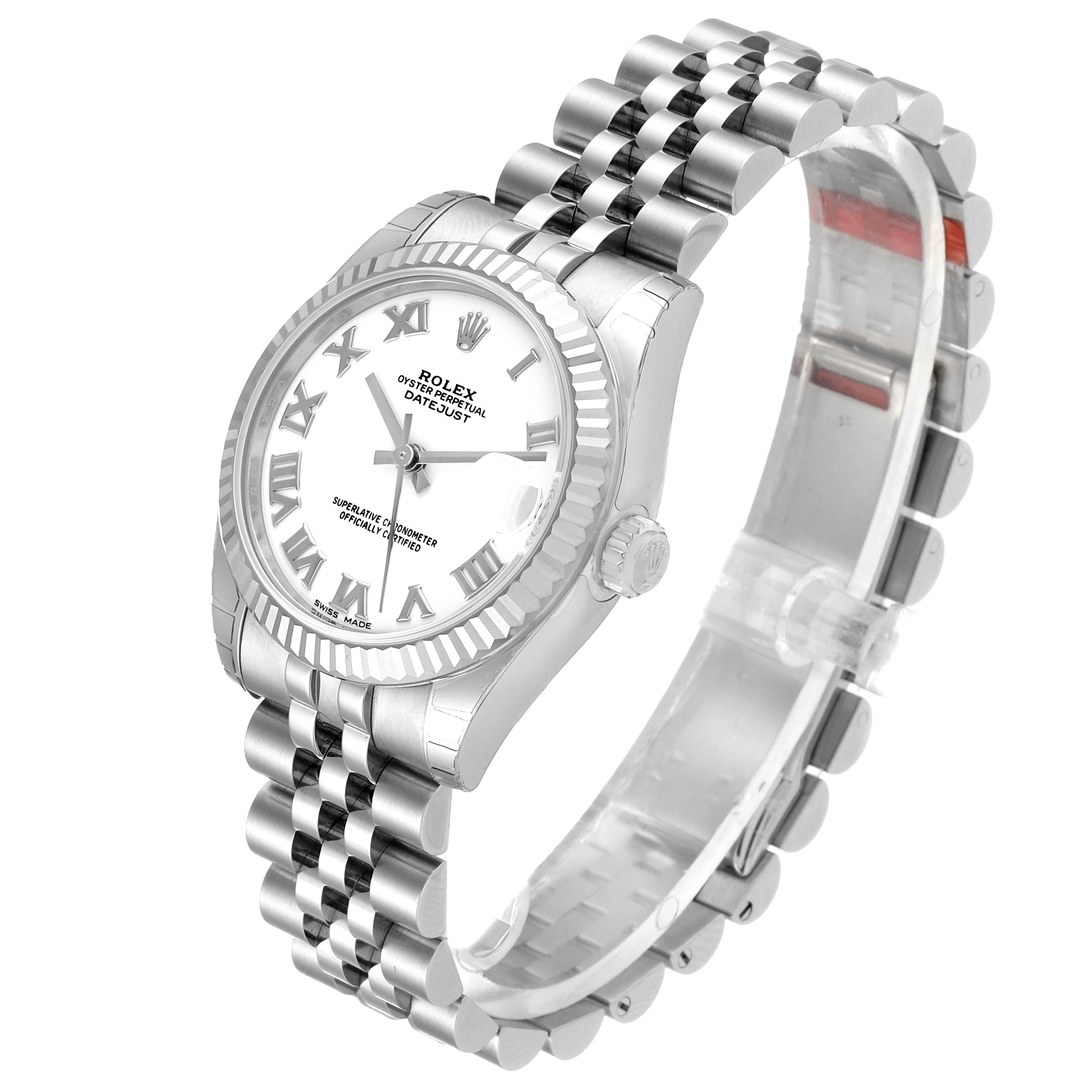 The image shows a Rolex Mid-Size 178274 Women
s Stainless Steel White Dial 178274 Women
s Stainless Steel White Dial Datejust watch at an oblique angle, highlighting the face, bezel, and Jubilee bracelet.