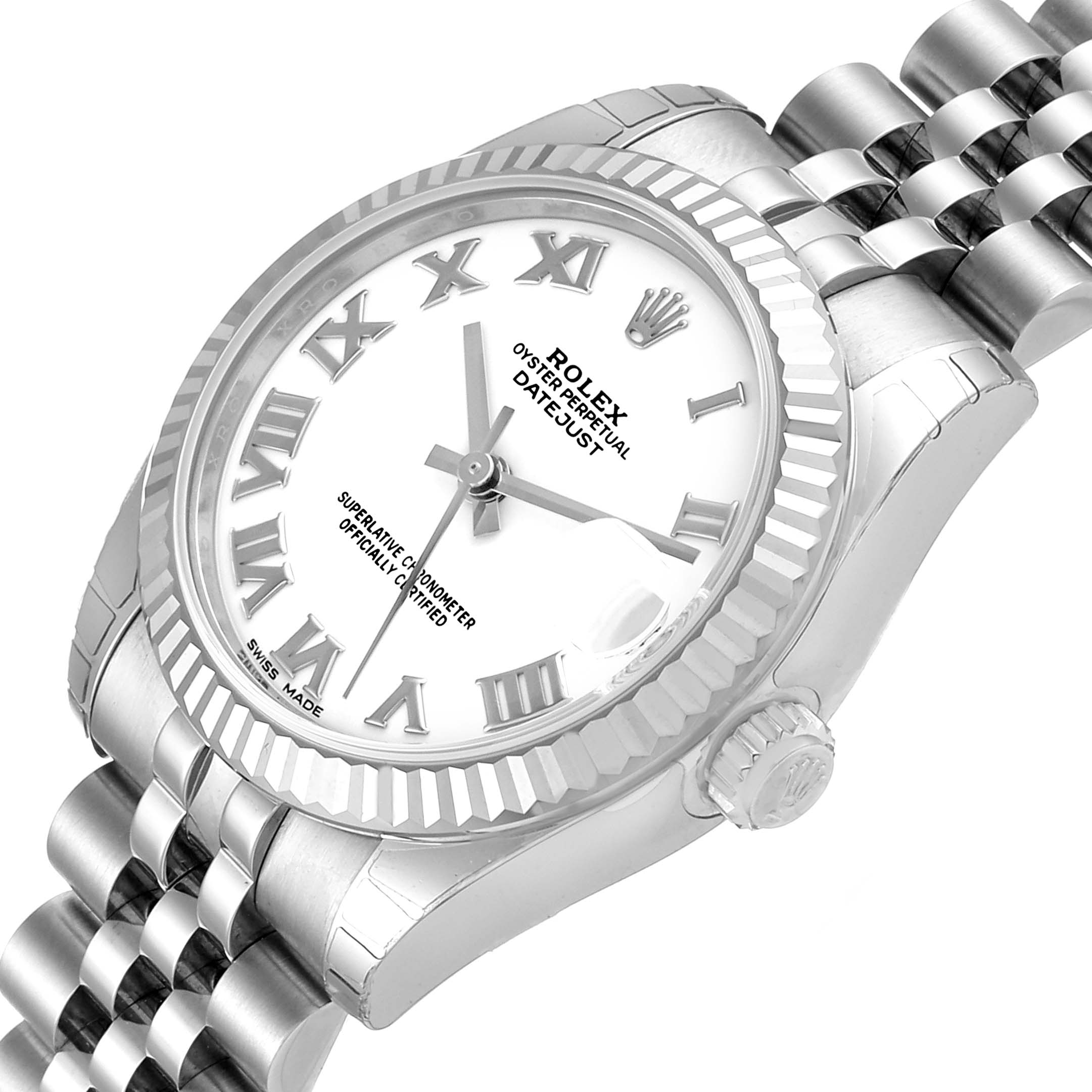 The image shows a close-up angled view of a Rolex Mid-Size 178274 Women
s Stainless Steel White Dial 178274 Women
s Stainless Steel White Dial Oyster Perpetual Datejust, highlighting the dial, bezel, and part of the bracelet.