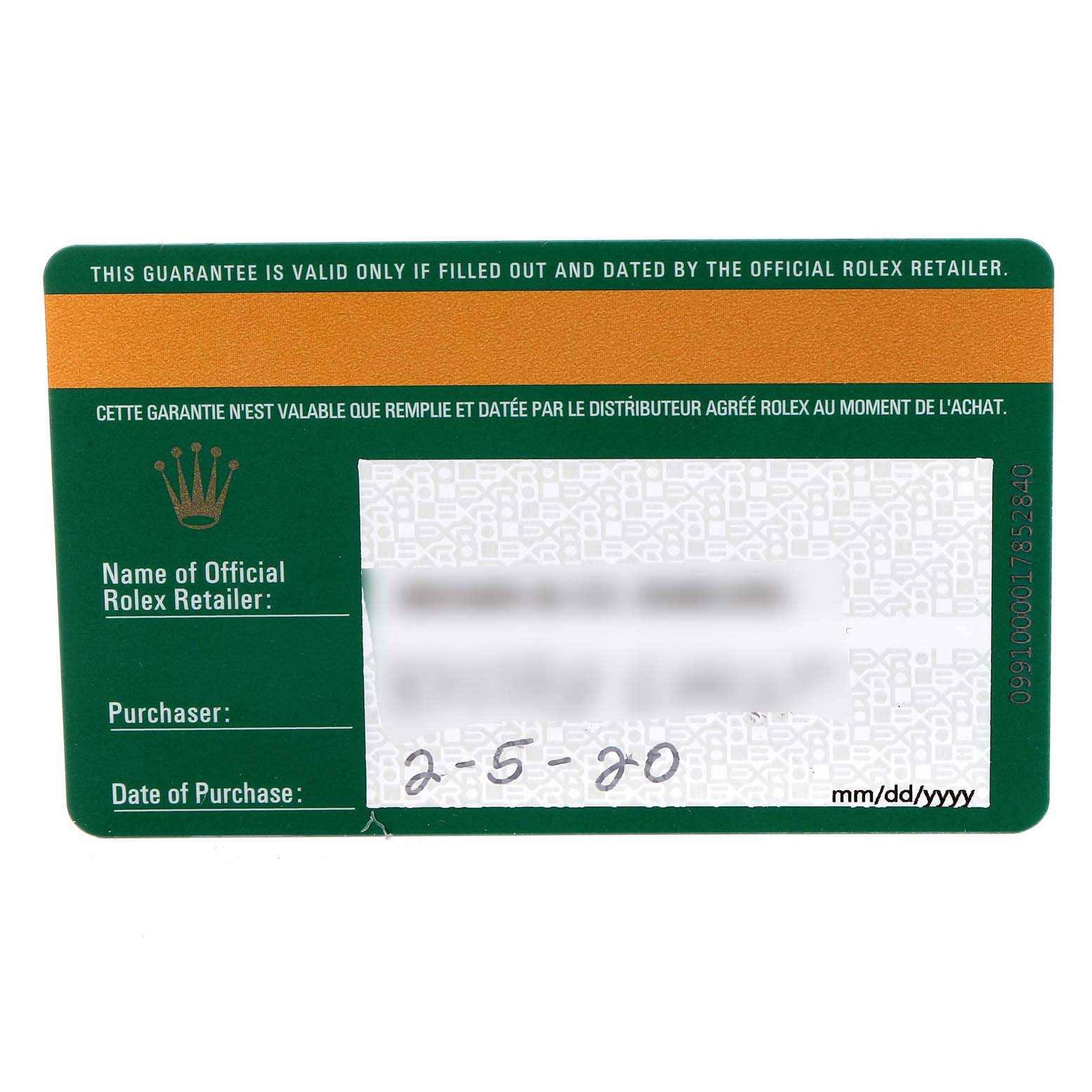 This image shows a warranty card for a Mid-Size Rolex watch, including the date of purchase and retailer details.
