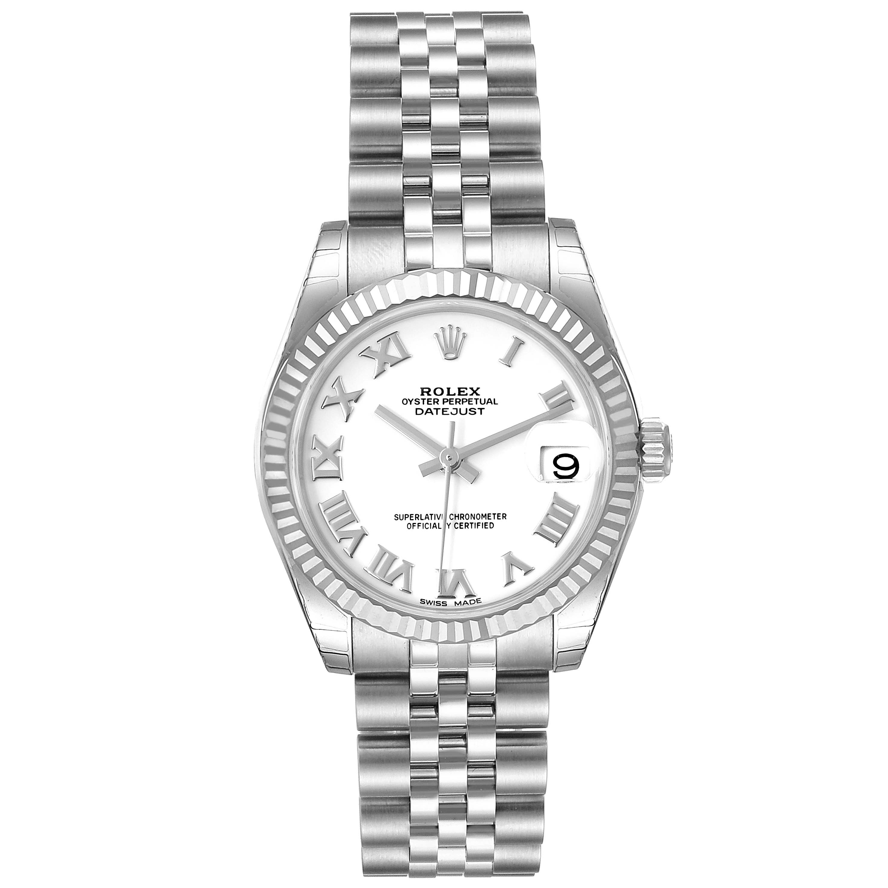 The image shows a frontal view of a Rolex Oyster Perpetual Datejust Mid-Size watch, highlighting the dial, bezel, bracelet, and crown.