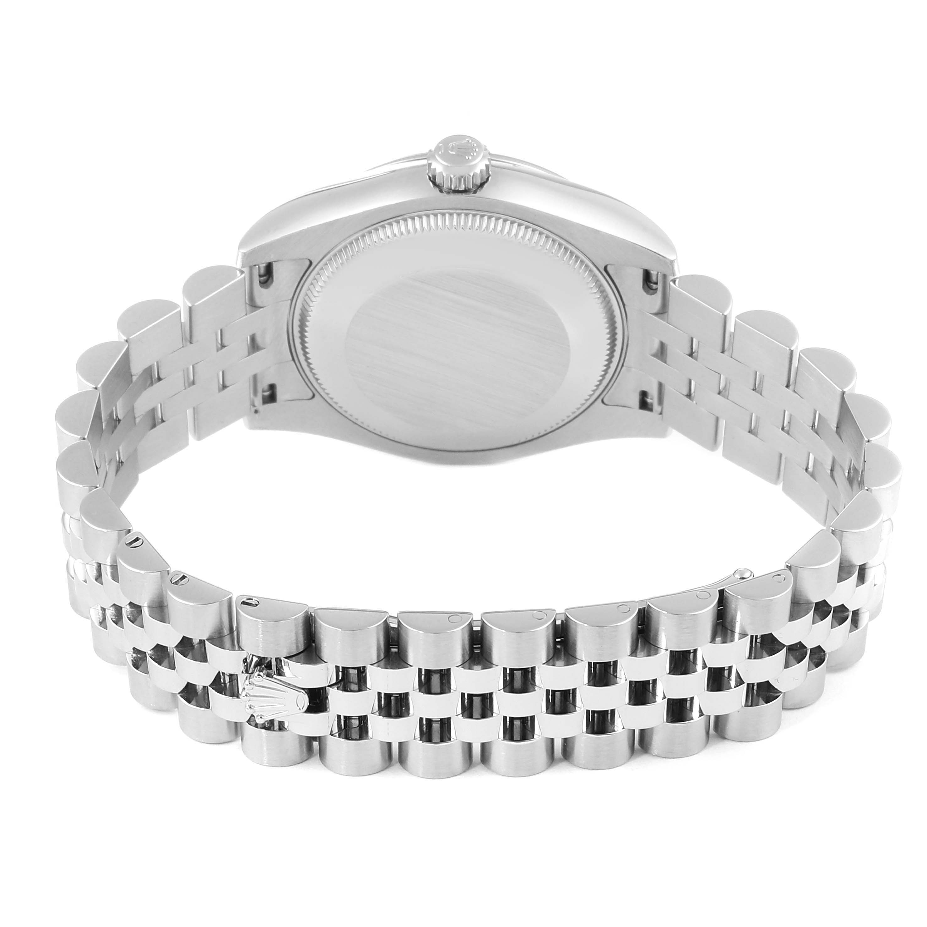 The image shows the backside and bracelet of a Rolex Mid-Size 178274 Women's Stainless Steel Pink Dial 178274 Women's Stainless Steel Pink Dial model watch, displaying the clasp and case back.