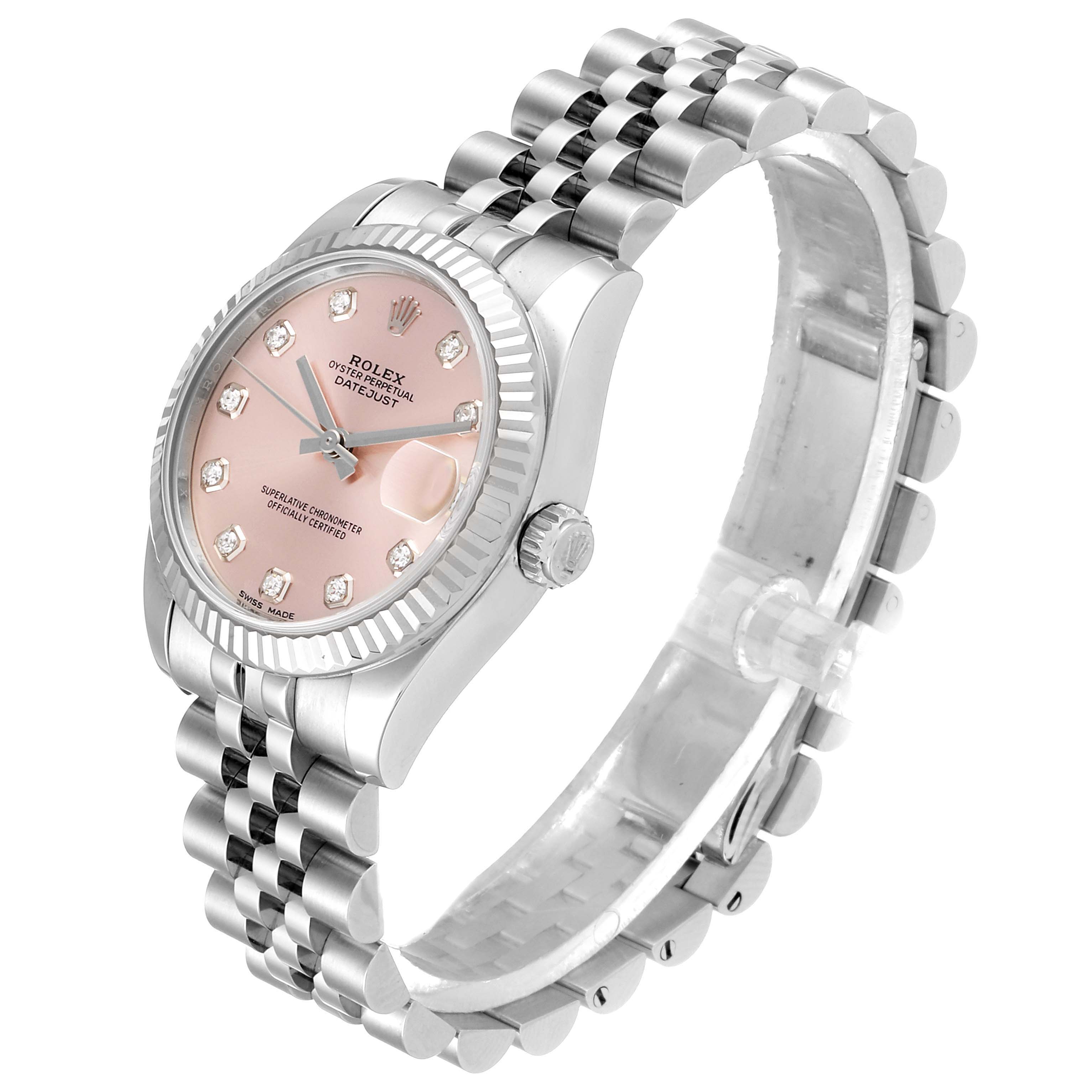 The Rolex Mid-Size 178274 Women's Stainless Steel Pink Dial 178274 Women's Stainless Steel Pink Dial watch is angled to show the face, bezel, crown, and full Jubilee bracelet.