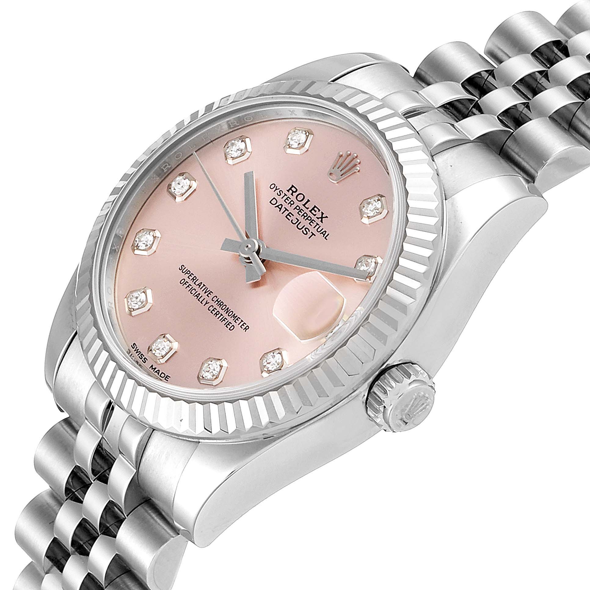 This image shows a Rolex Mid-Size 178274 Women's Stainless Steel Pink Dial 178274 Women's Stainless Steel Pink Dial Oyster Perpetual Datejust at an angled side view, highlighting the pink dial, diamond markers, and fluted bezel.