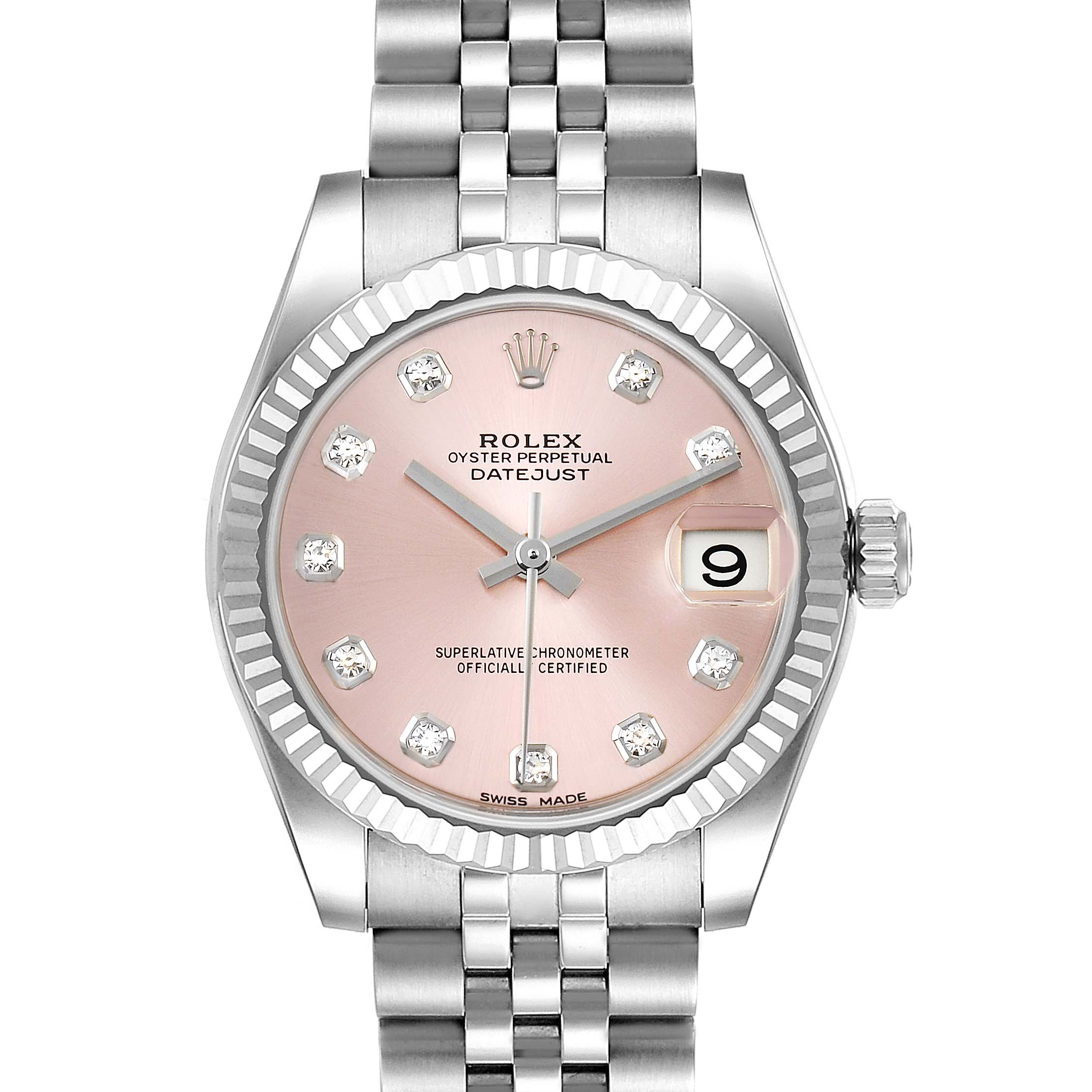 The image shows a frontal view of a Rolex Oyster Perpetual Datejust Mid-Size model with a pink dial and diamond hour markers.
