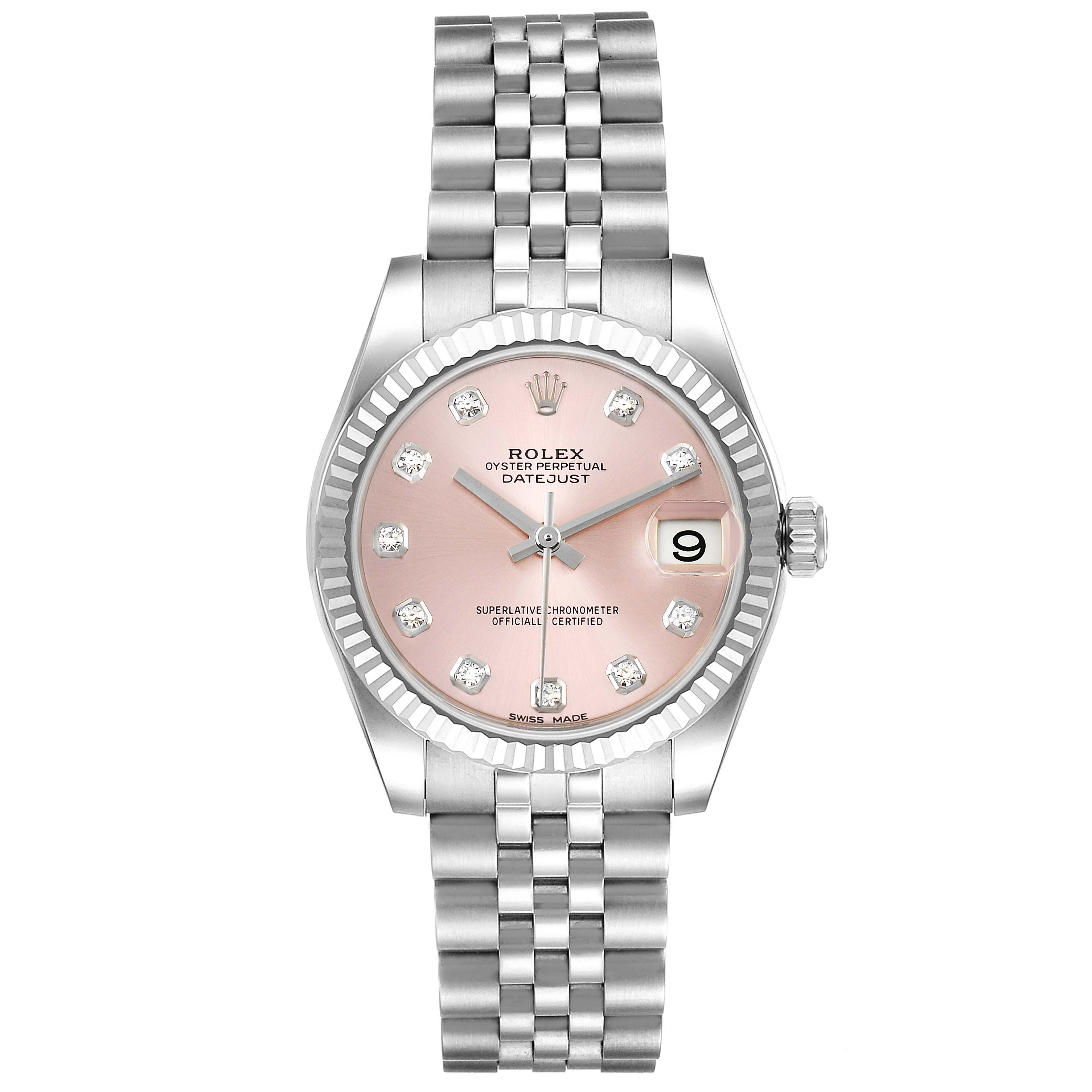 The image shows a front view of the Mid-Size Rolex Oyster Perpetual Datejust with a pink dial and diamond hour markers.