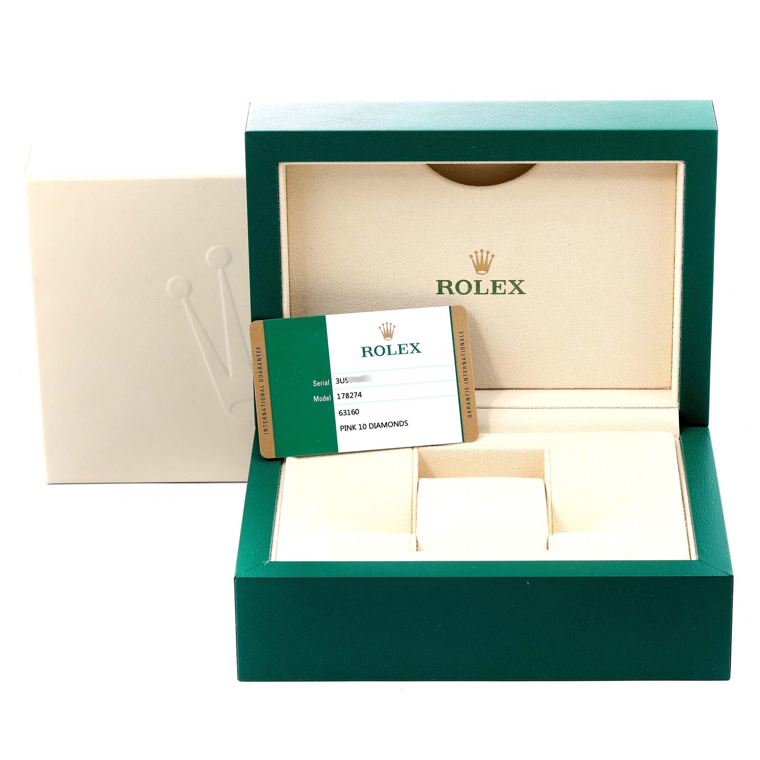 The image shows the Rolex Mid-Size 178274 Women's Stainless Steel Pink Dial 178274 Women's Stainless Steel Pink Dial model's green watch box, card, and outer packaging, viewed from the front.