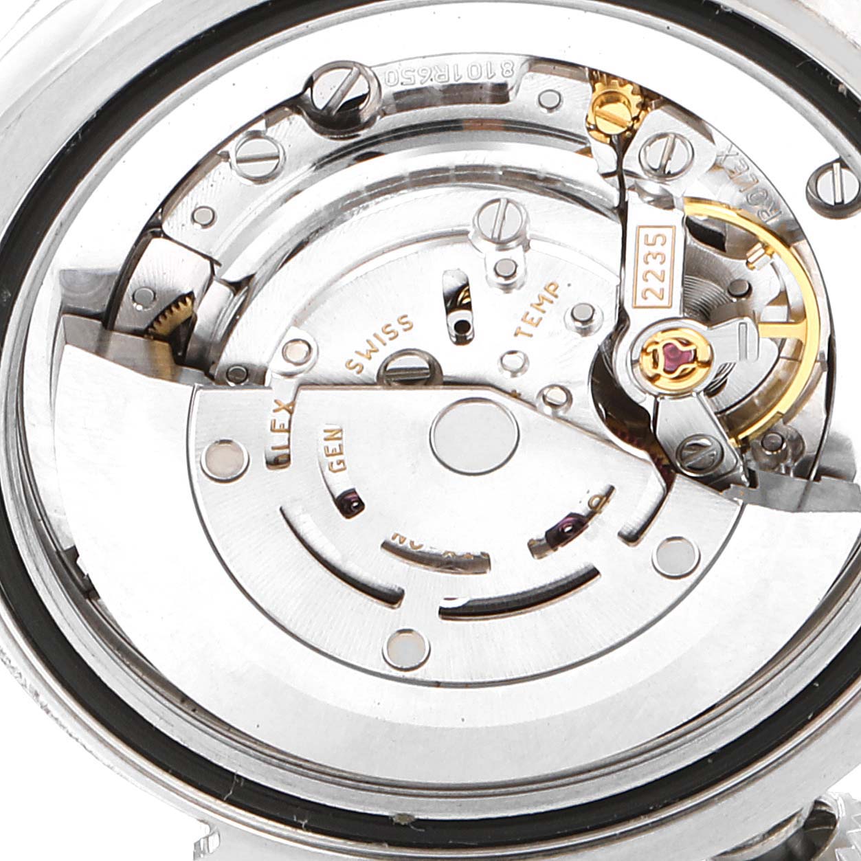 This image shows the internal mechanical movement of a Mid-Size Rolex model from a top-down angle.