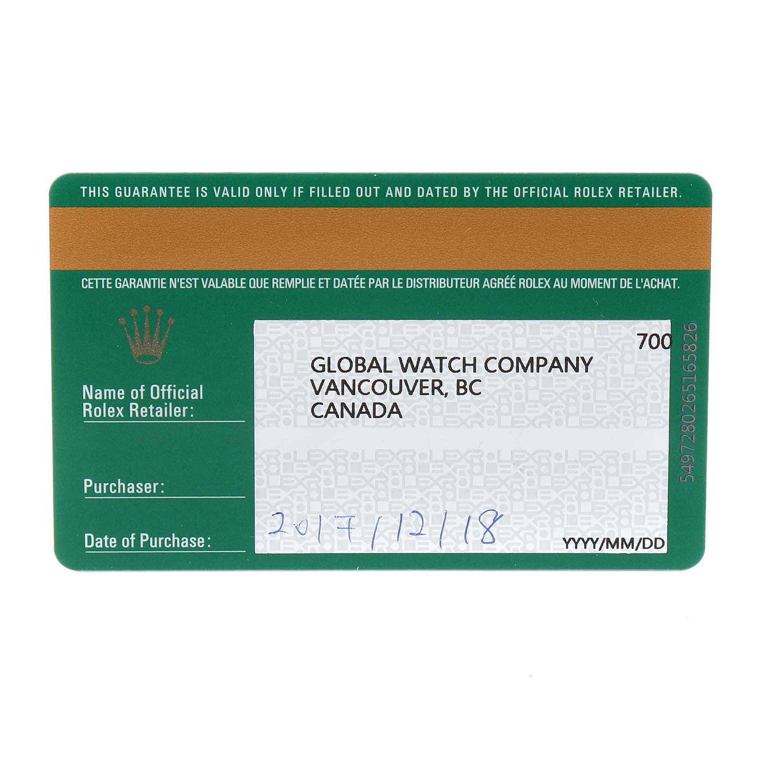 The image shows a guarantee card for a Mid-Size Rolex watch from the retailer Global Watch Company in Vancouver, BC, Canada.
