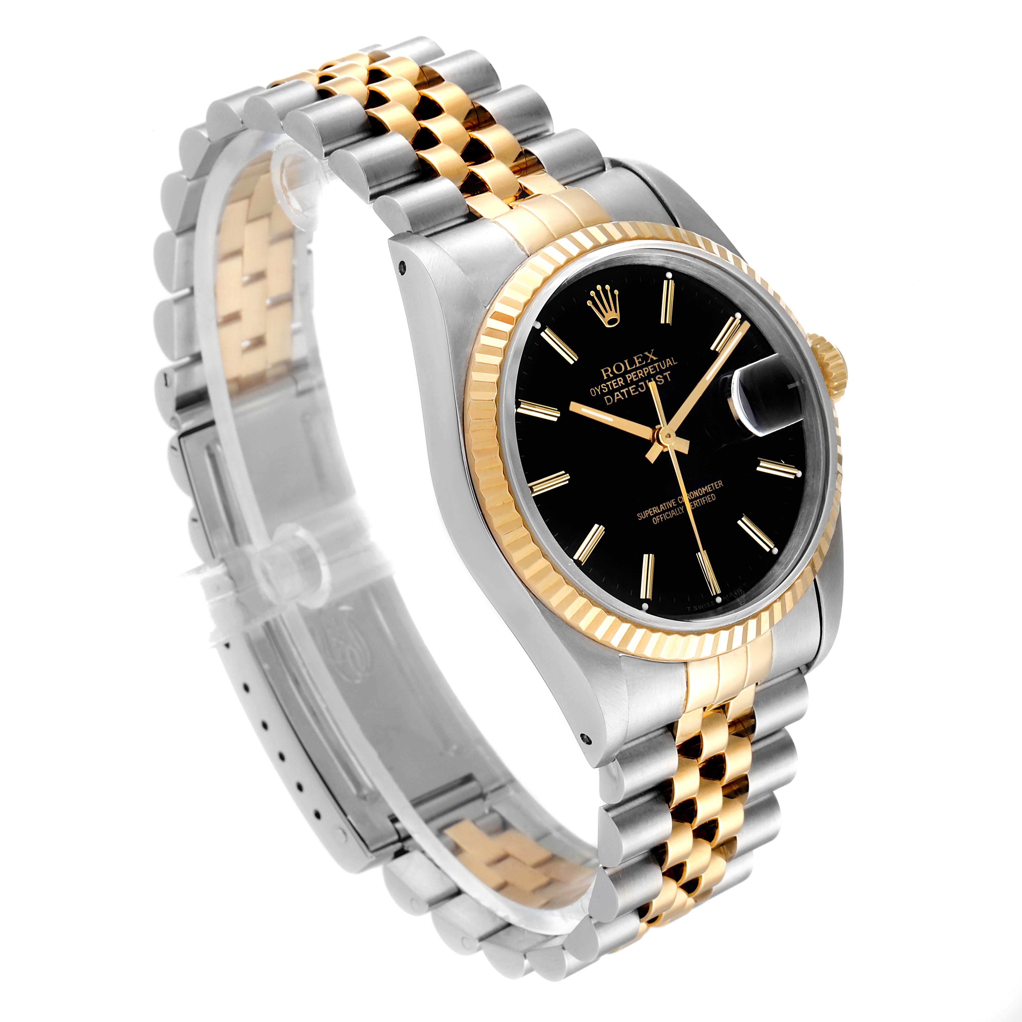 This image shows a side angle of the Rolex Datejust 16233 Men
s Steel and Gold (two tone) Black Dial 16233 Men
s Steel and Gold (two tone) Black Dial watch, highlighting its gold and silver bracelet, black dial, and fluted bezel.