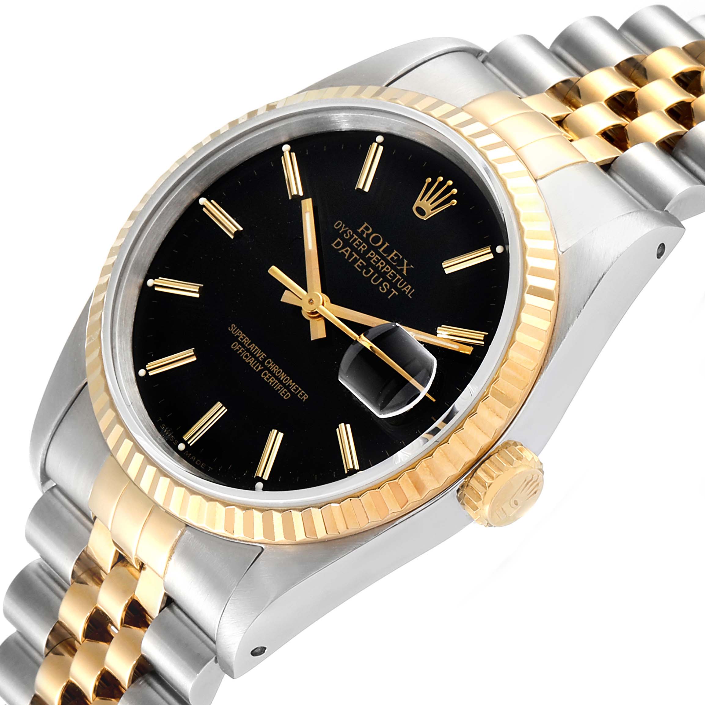 The image shows a Rolex Datejust 16233 Men
s Steel and Gold (two tone) Black Dial 16233 Men
s Steel and Gold (two tone) Black Dial watch at a slight angle, highlighting the black dial, fluted bezel, and two-tone Jubilee bracelet.