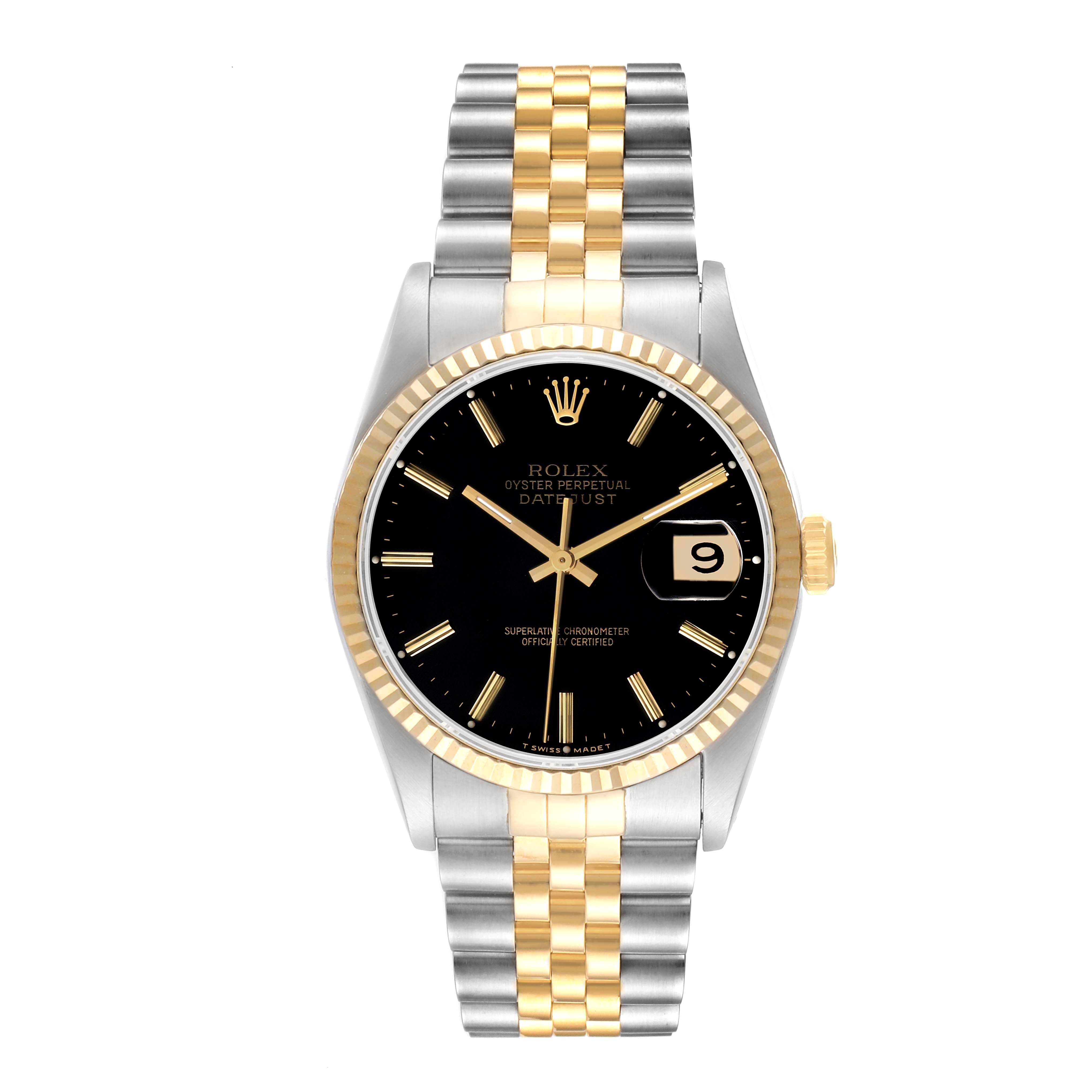 The Rolex Datejust 16233 Men
s Steel and Gold (two tone) Black Dial 16233 Men
s Steel and Gold (two tone) Black Dial watch is shown from the front, displaying the dial, bracelet, and crown.