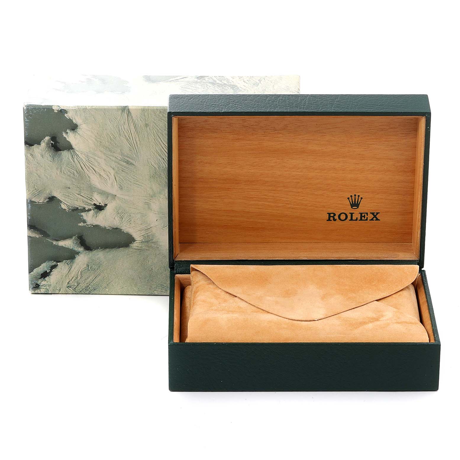 The image shows an open Rolex Datejust 16233 Men
s Steel and Gold (two tone) Black Dial 16233 Men
s Steel and Gold (two tone) Black Dial watch box with its inner cushion and outer decorative box.