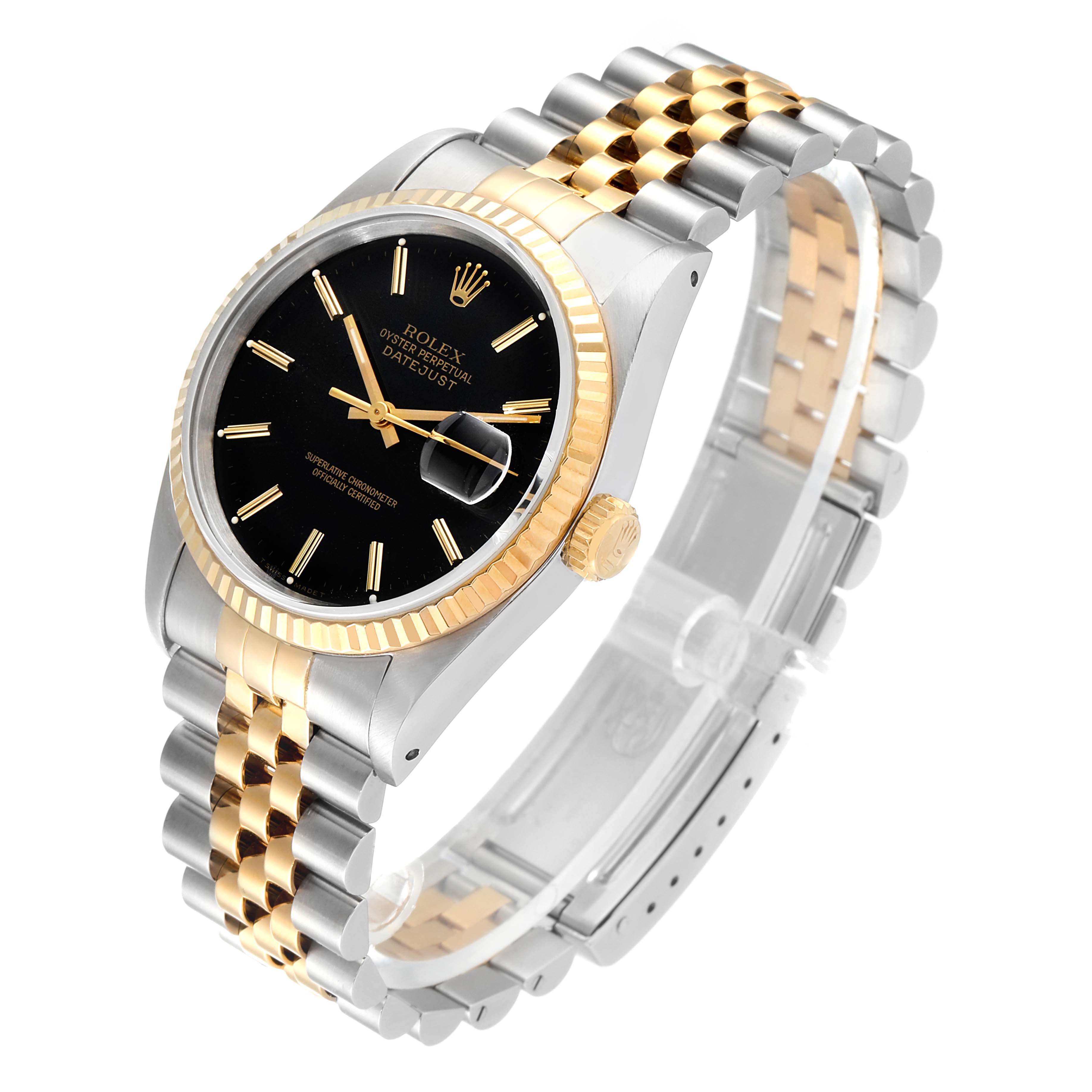 The image shows a side angle of a Rolex Datejust 16233 Men
s Steel and Gold (two tone) Black Dial 16233 Men
s Steel and Gold (two tone) Black Dial watch featuring a two-tone bracelet, black dial, fluted bezel, and date function.