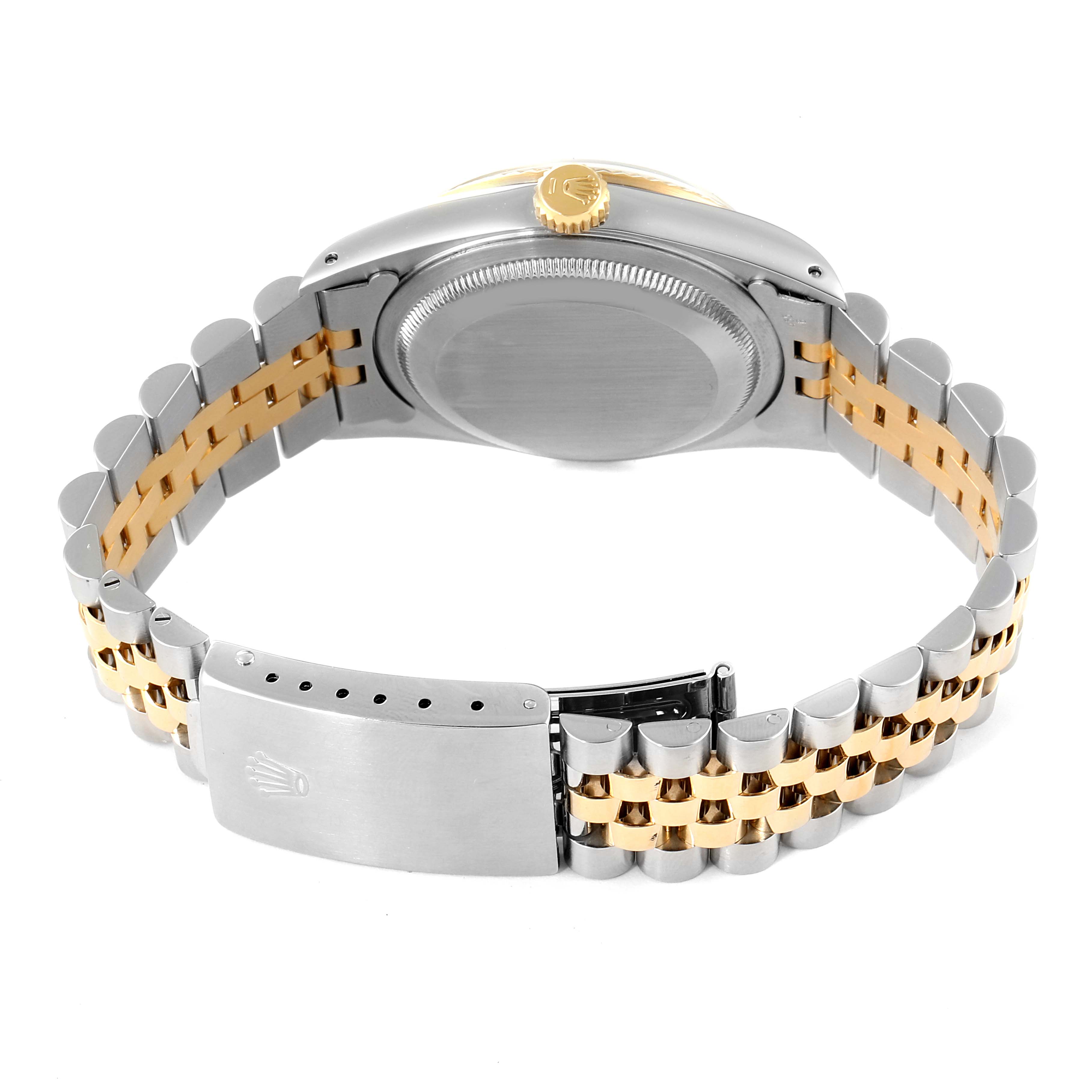 The image shows the back view of a Rolex Datejust 16233 Men
s Steel and Gold (two tone) Black Dial 16233 Men
s Steel and Gold (two tone) Black Dial watch, highlighting its case back, crown, and two-tone bracelet.