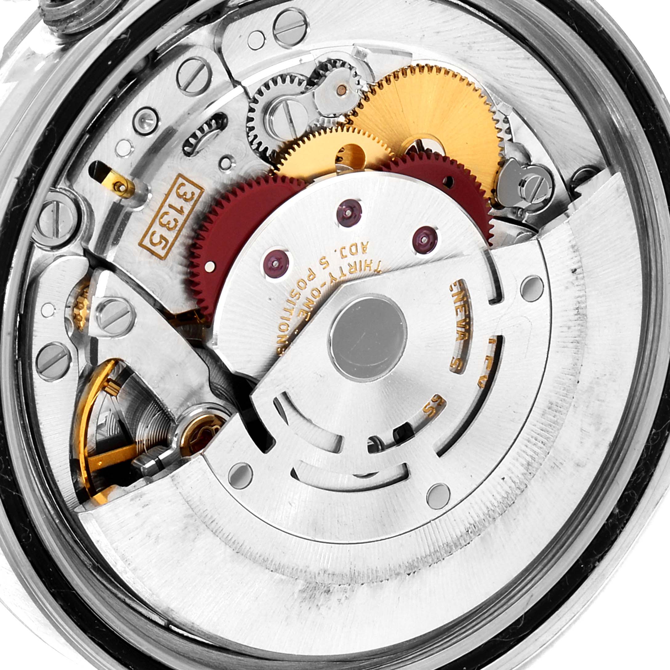 This image shows the inner mechanical movement of a Rolex Datejust 16233 Men
s Steel and Gold (two tone) Black Dial 16233 Men
s Steel and Gold (two tone) Black Dial model, highlighting gears and the winding mechanism.