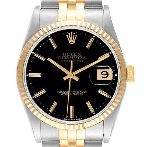 Photo of Rolex Datejust Black Dial Steel Yellow Gold Mens Watch 16233 Box