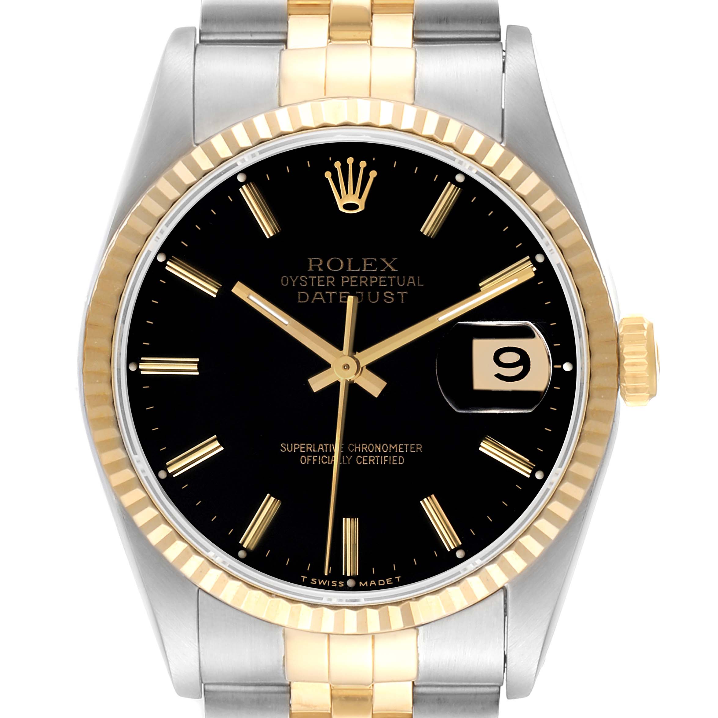 This image shows a Rolex Datejust 16233 Men
s Steel and Gold (two tone) Black Dial 16233 Men
s Steel and Gold (two tone) Black Dial watch viewed from the front, highlighting the black dial, date window, and two-tone bracelet.