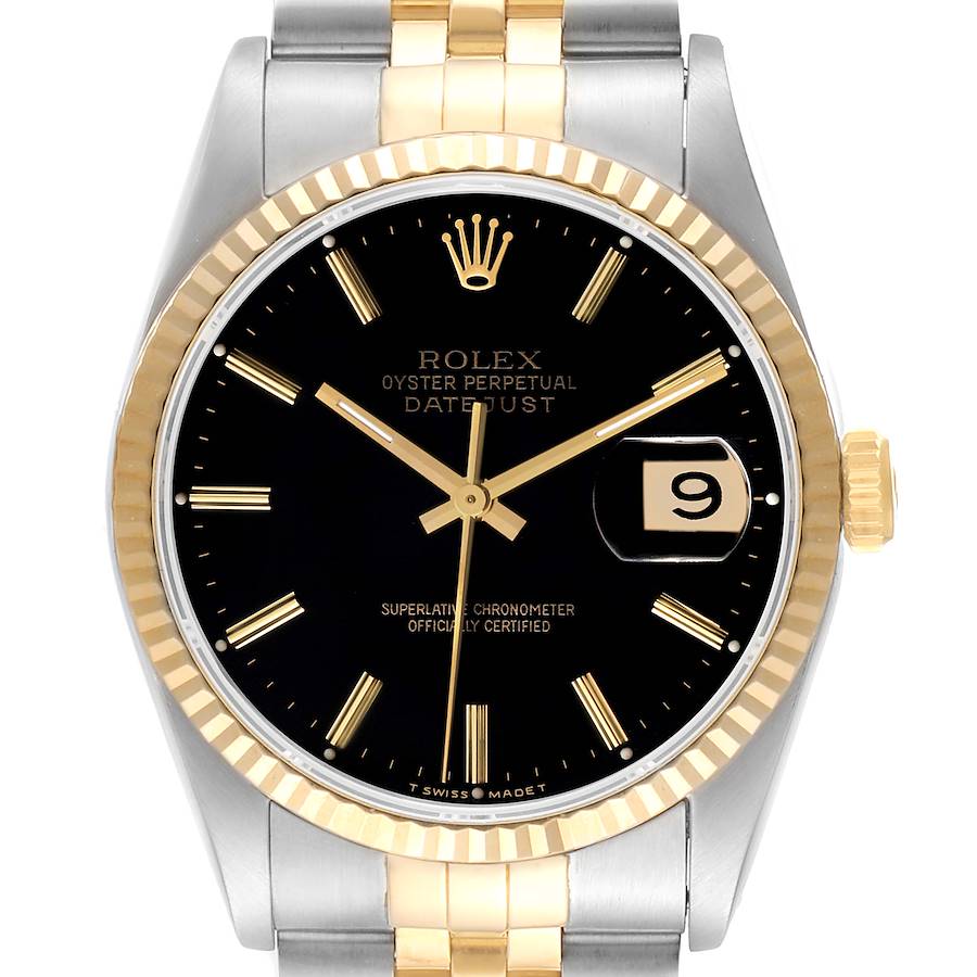 Rolex Datejust Black Dial Steel Yellow Gold Mens Watch 16233 Box SwissWatchExpo