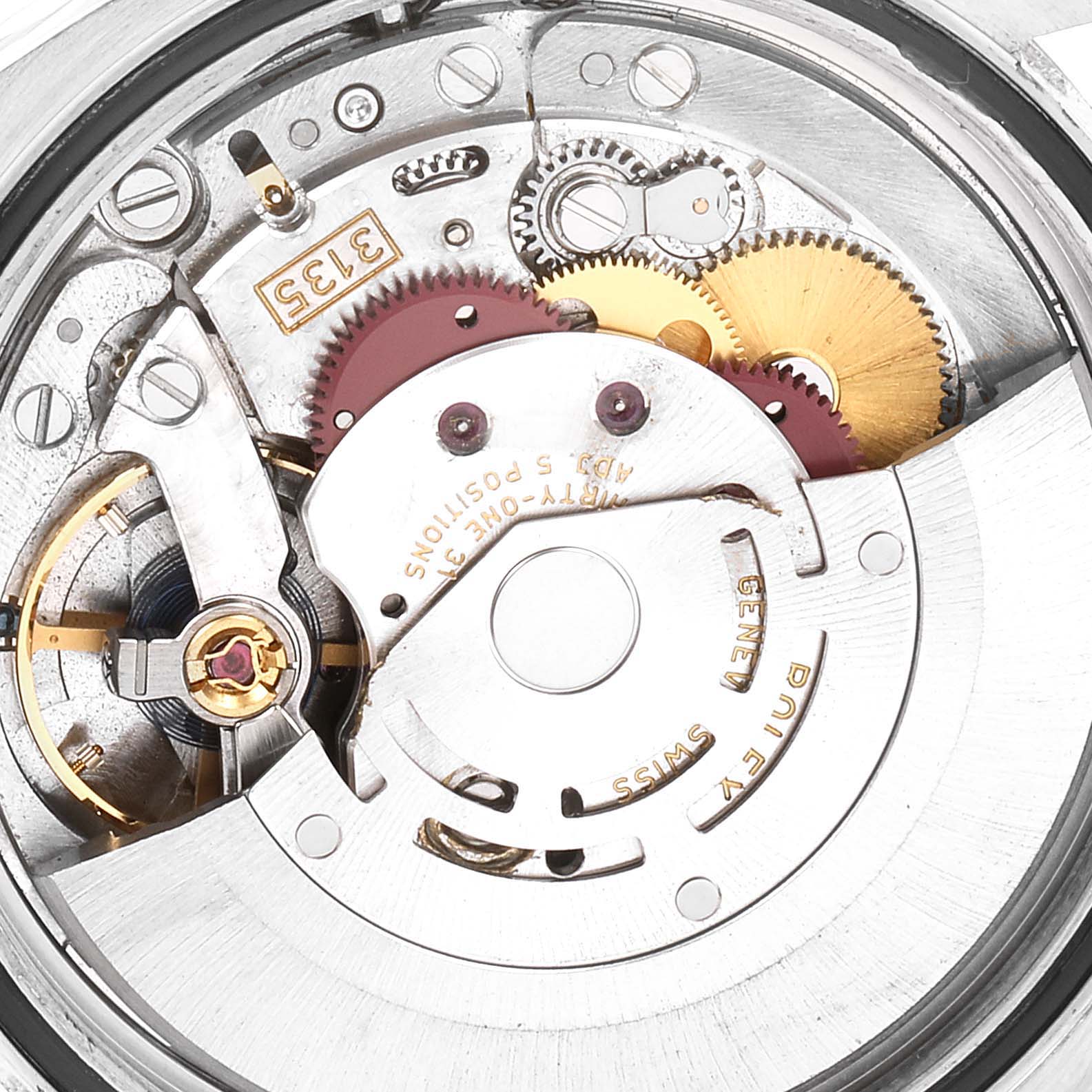 This is a close-up view of the Rolex Datejust 116234 Men's Stainless Steel White Dial 116234 Men's Stainless Steel White Dial watch's intricate internal mechanism.