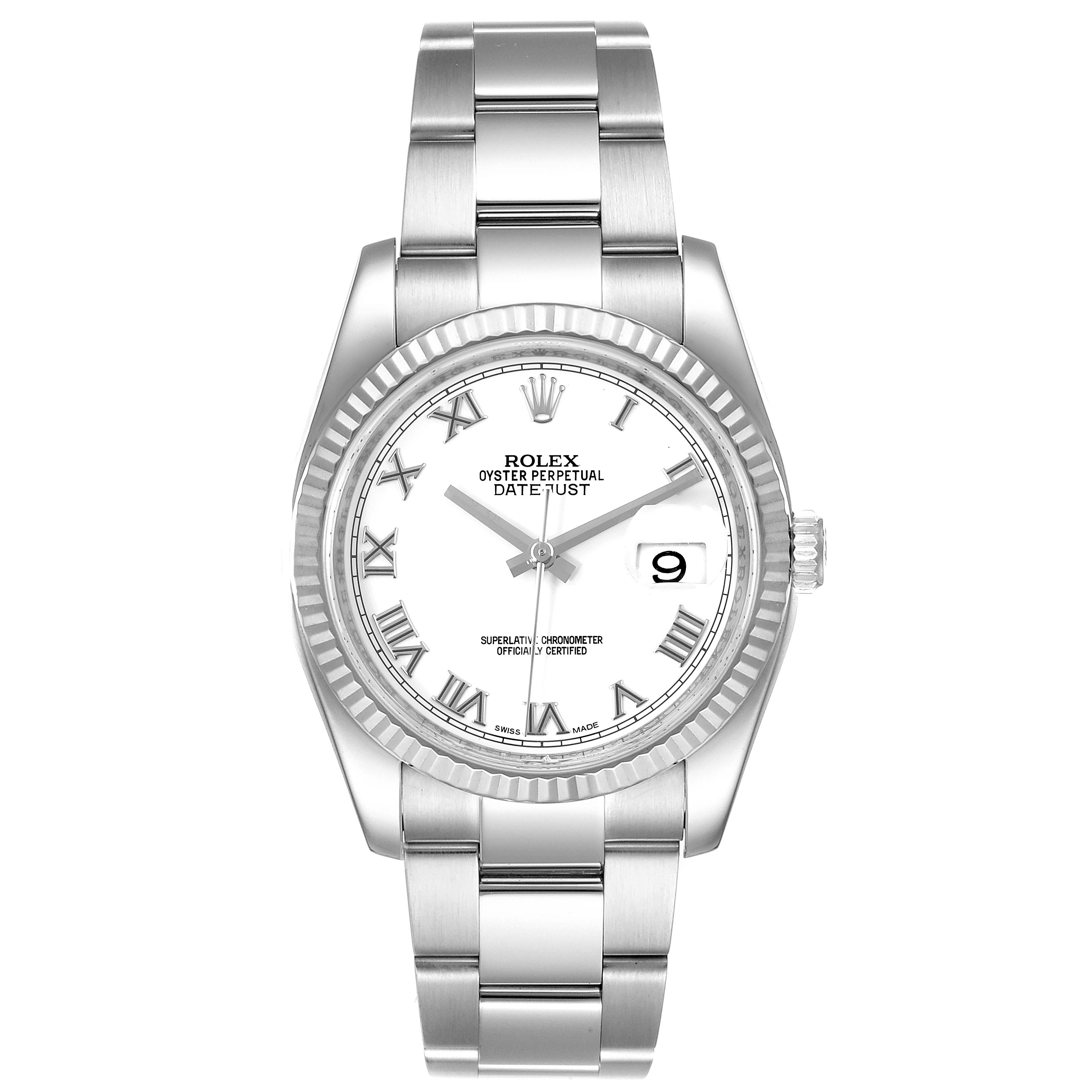 This image shows a Rolex Datejust 116234 Men's Stainless Steel White Dial 116234 Men's Stainless Steel White Dial watch from a top-down angle, displaying the face, bezel, crown, and band.