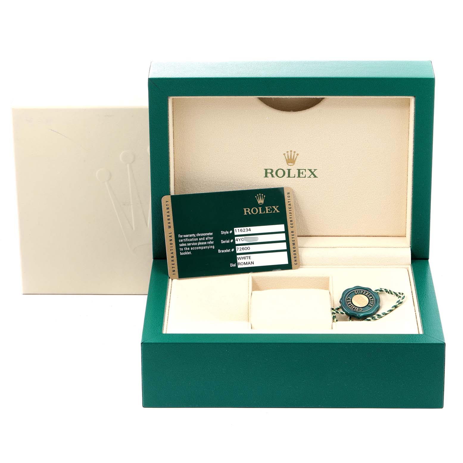 The image shows a Rolex Datejust 116234 Men's Stainless Steel White Dial 116234 Men's Stainless Steel White Dial model box and accessories including the warranty card and tag from a frontal angle.