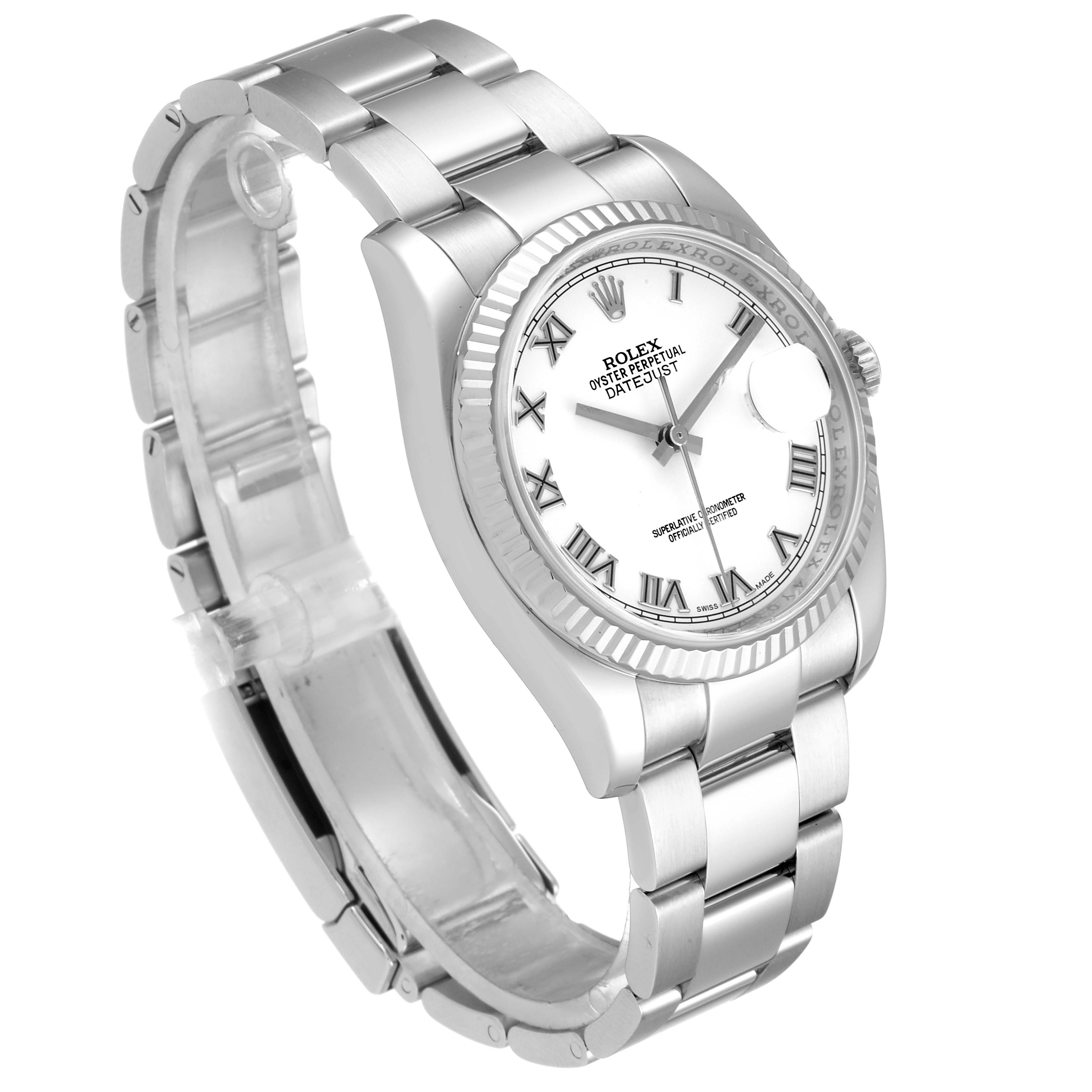 The image shows a Rolex Datejust 116234 Men's Stainless Steel White Dial 116234 Men's Stainless Steel White Dial watch at a three-quarter angle, highlighting the dial, bezel, bracelet, and clasp.