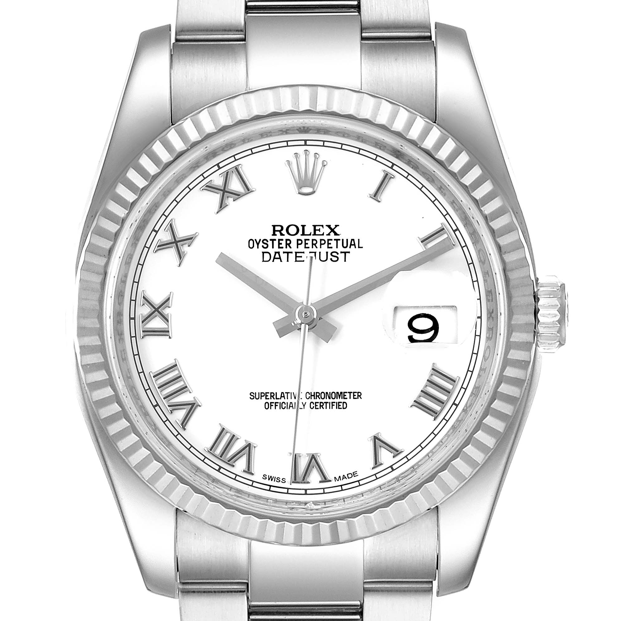 The image shows a front view of a Rolex Datejust 116234 Men's Stainless Steel White Dial 116234 Men's Stainless Steel White Dial watch, displaying the dial, bezel, crown, and part of the bracelet.