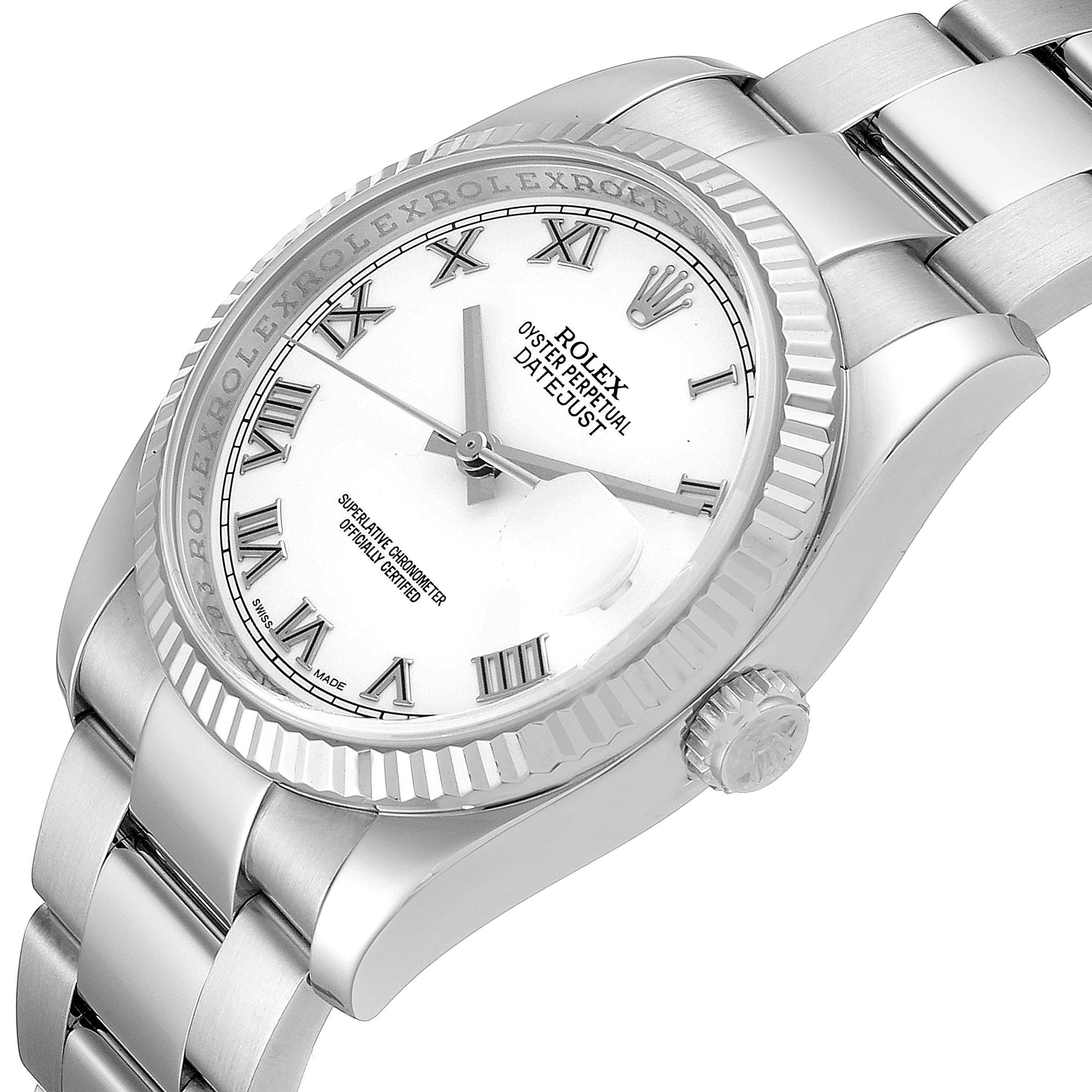 The image shows the dial, crown, bezel, and bracelet of a Rolex Datejust 116234 Men's Stainless Steel White Dial 116234 Men's Stainless Steel White Dial watch at a slight angle.