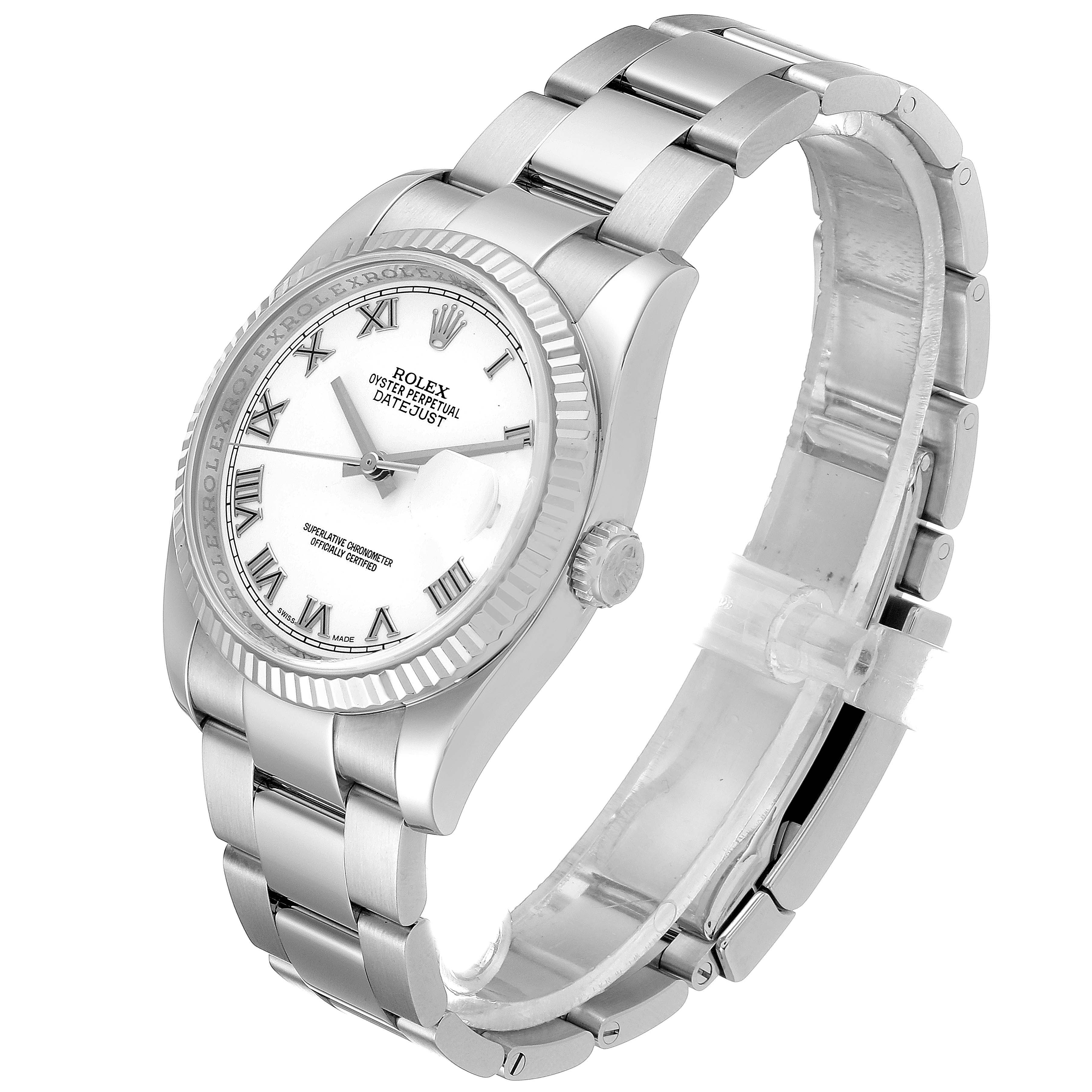 The image shows a side and front angle of a Rolex Datejust 116234 Men's Stainless Steel White Dial 116234 Men's Stainless Steel White Dial watch, highlighting its bracelet, bezel, dial, and crown.