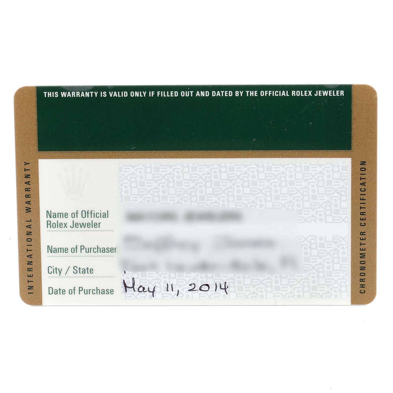 The image shows an international warranty card for the Rolex Datejust 116234 Men's Stainless Steel White Dial 116234 Men's Stainless Steel White Dial watch.