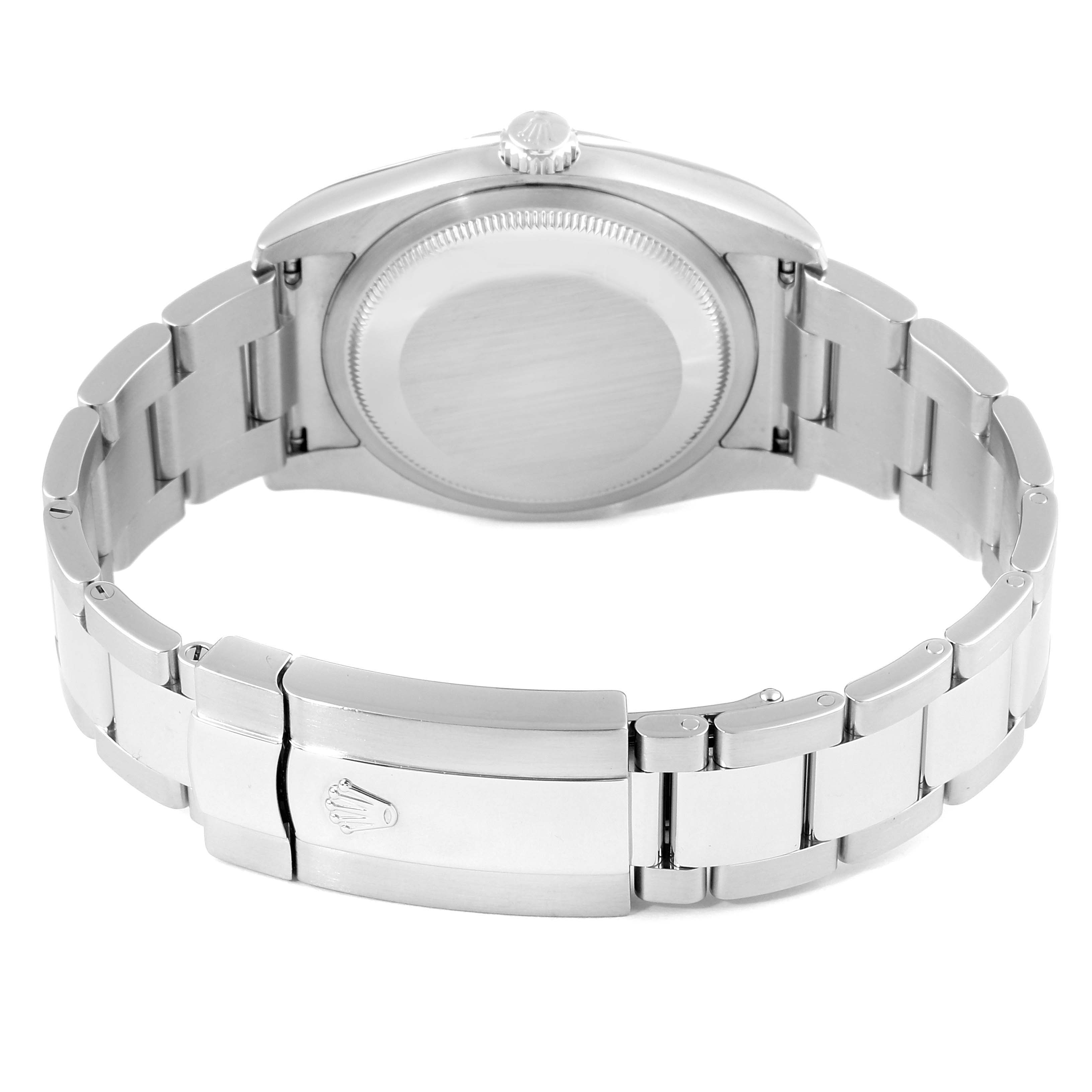 The image shows the back view of a Rolex Datejust 116234 Men's Stainless Steel White Dial 116234 Men's Stainless Steel White Dial watch, highlighting the case back and the bracelet clasp.