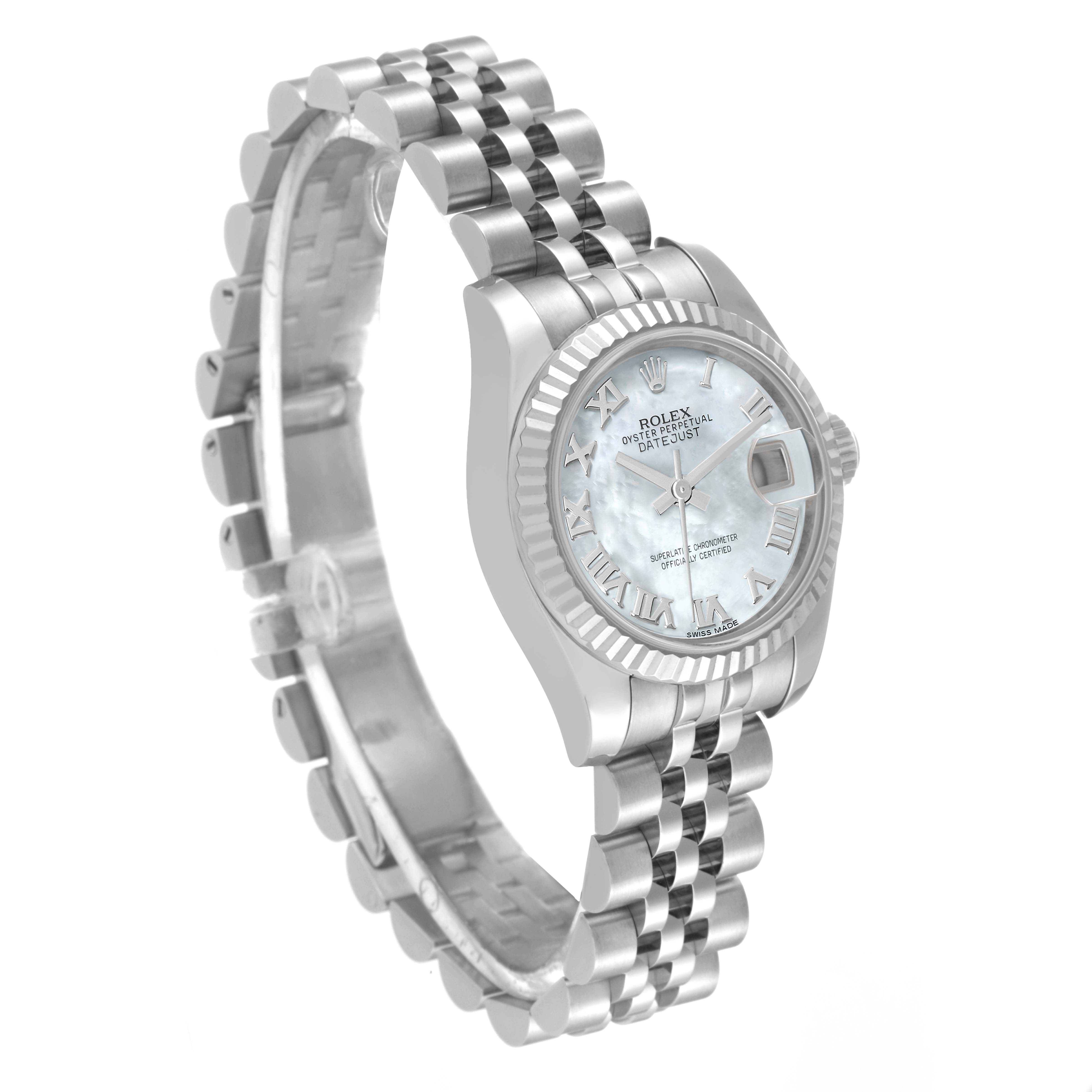 The Rolex Datejust 179174 Women's Stainless Steel Mother of Pearl Dial 179174 Women's Stainless Steel Mother of Pearl Dial watch is shown at a three-quarter angle, displaying its dial, bezel, and bracelet.