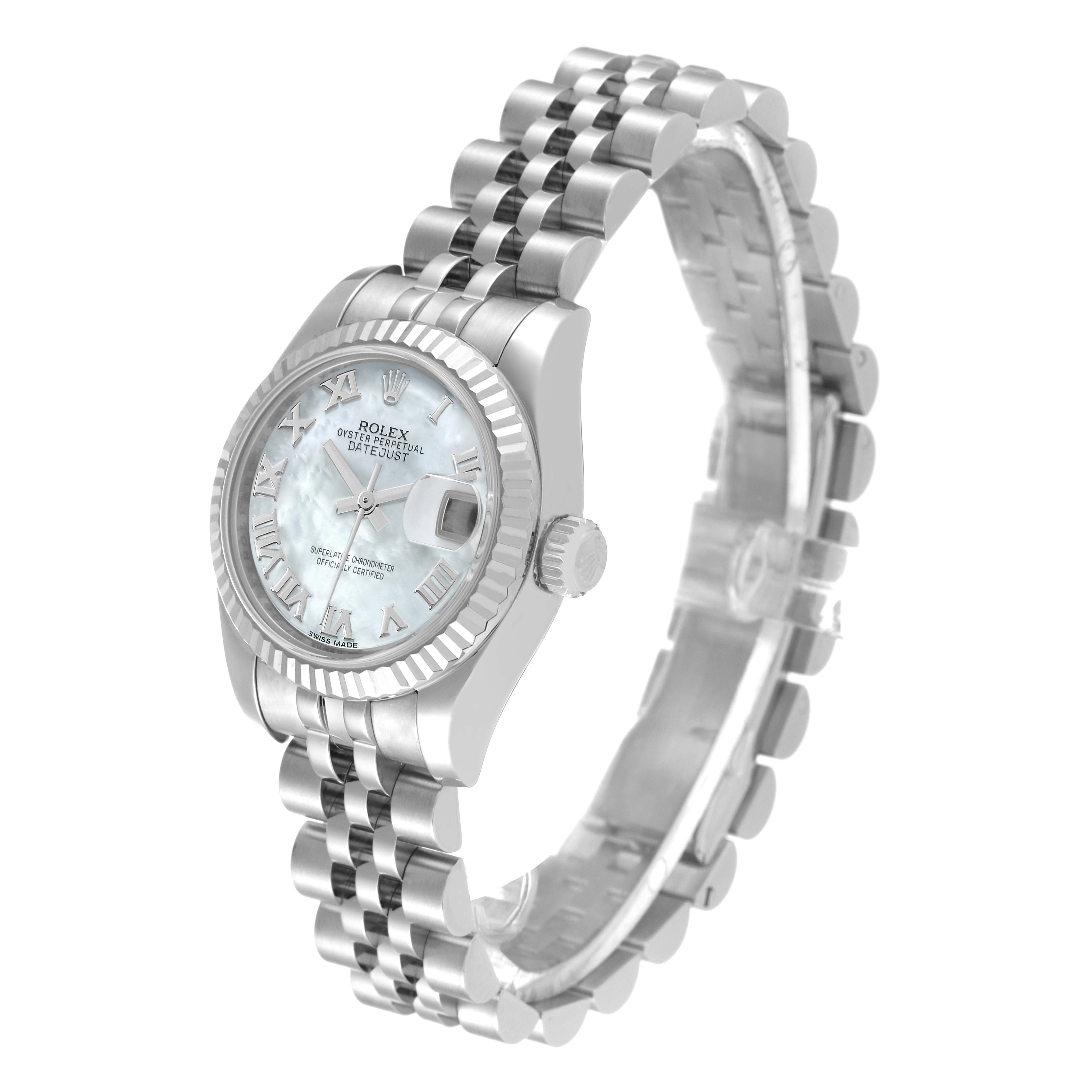 This Rolex Datejust 179174 Women's Stainless Steel Mother of Pearl Dial 179174 Women's Stainless Steel Mother of Pearl Dial watch is shown at a slight angle, highlighting its face, bezel, crown, and bracelet.