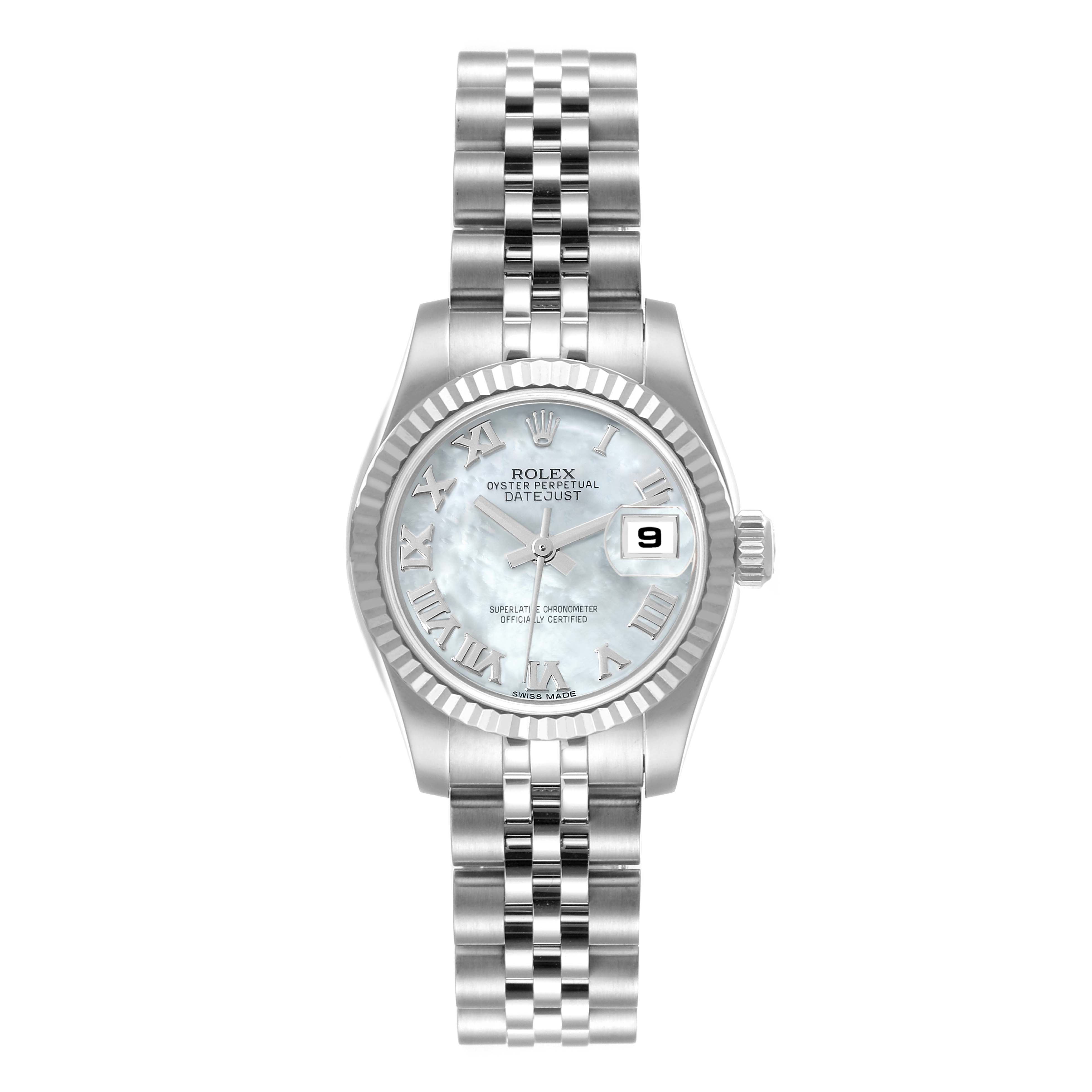 This Rolex Datejust 179174 Women's Stainless Steel Mother of Pearl Dial 179174 Women's Stainless Steel Mother of Pearl Dial model is shown from a top angle, displaying the full face, bezel, crown, and bracelet.