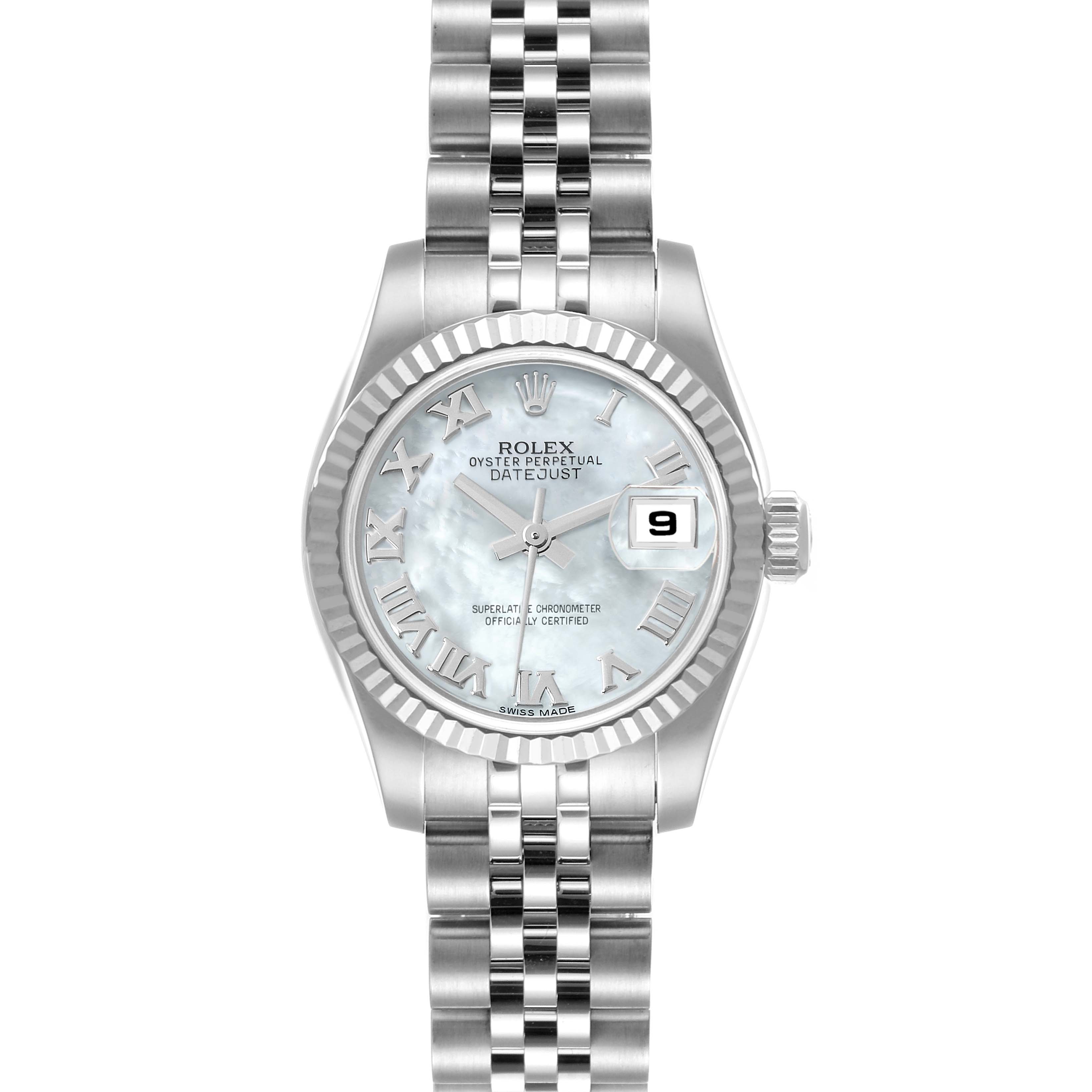 The image shows a front view of the Rolex Datejust 179174 Women's Stainless Steel Mother of Pearl Dial 179174 Women's Stainless Steel Mother of Pearl Dial watch, highlighting its face, bezel, and bracelet.