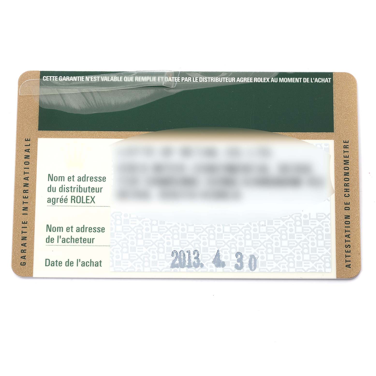 The image shows the warranty card for a Rolex Datejust 179174 Women's Stainless Steel Mother of Pearl Dial 179174 Women's Stainless Steel Mother of Pearl Dial watch, viewed from the front.