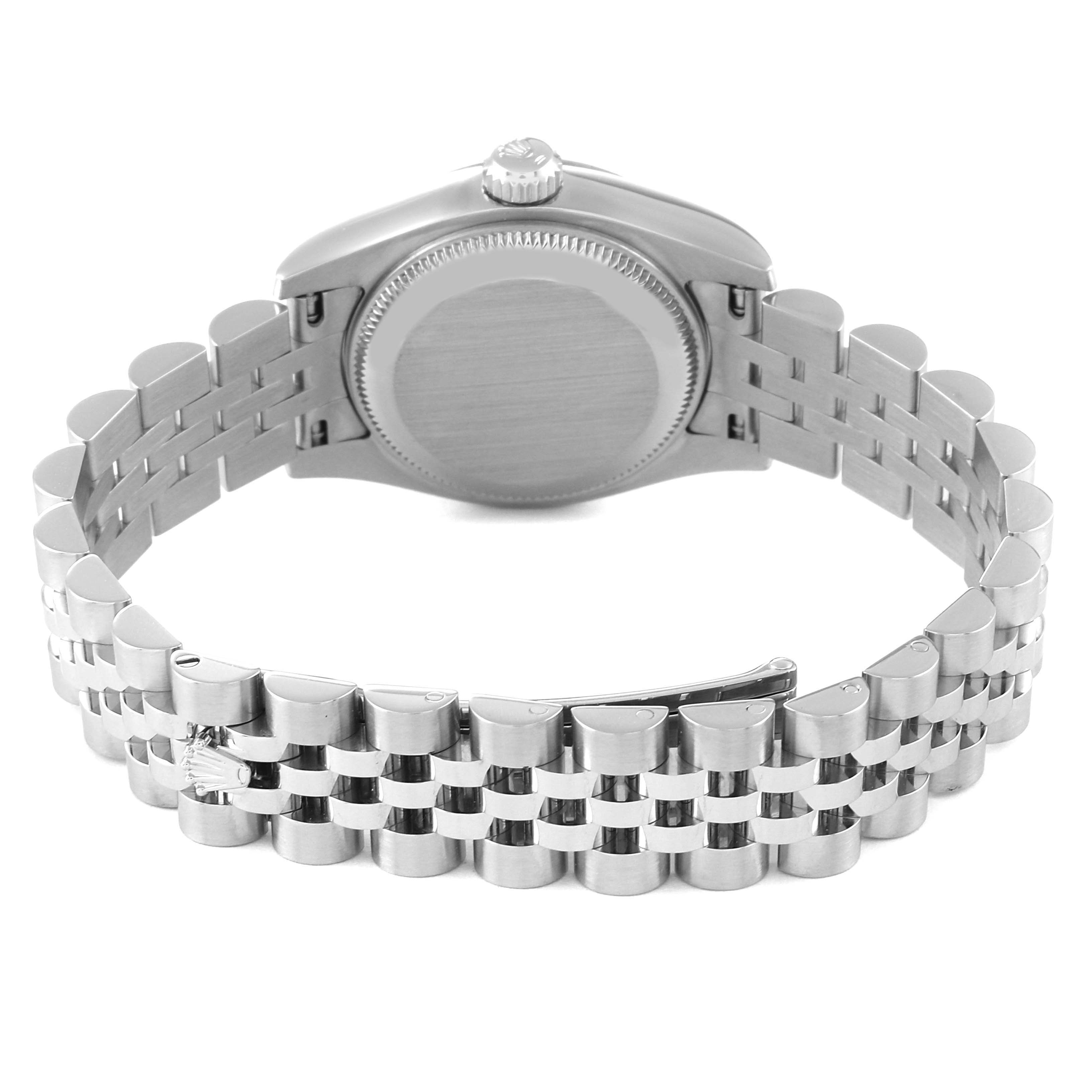 This image shows the back side of a Rolex Datejust 179174 Women's Stainless Steel Mother of Pearl Dial 179174 Women's Stainless Steel Mother of Pearl Dial watch, highlighting its clasp, bracelet links, and case back.