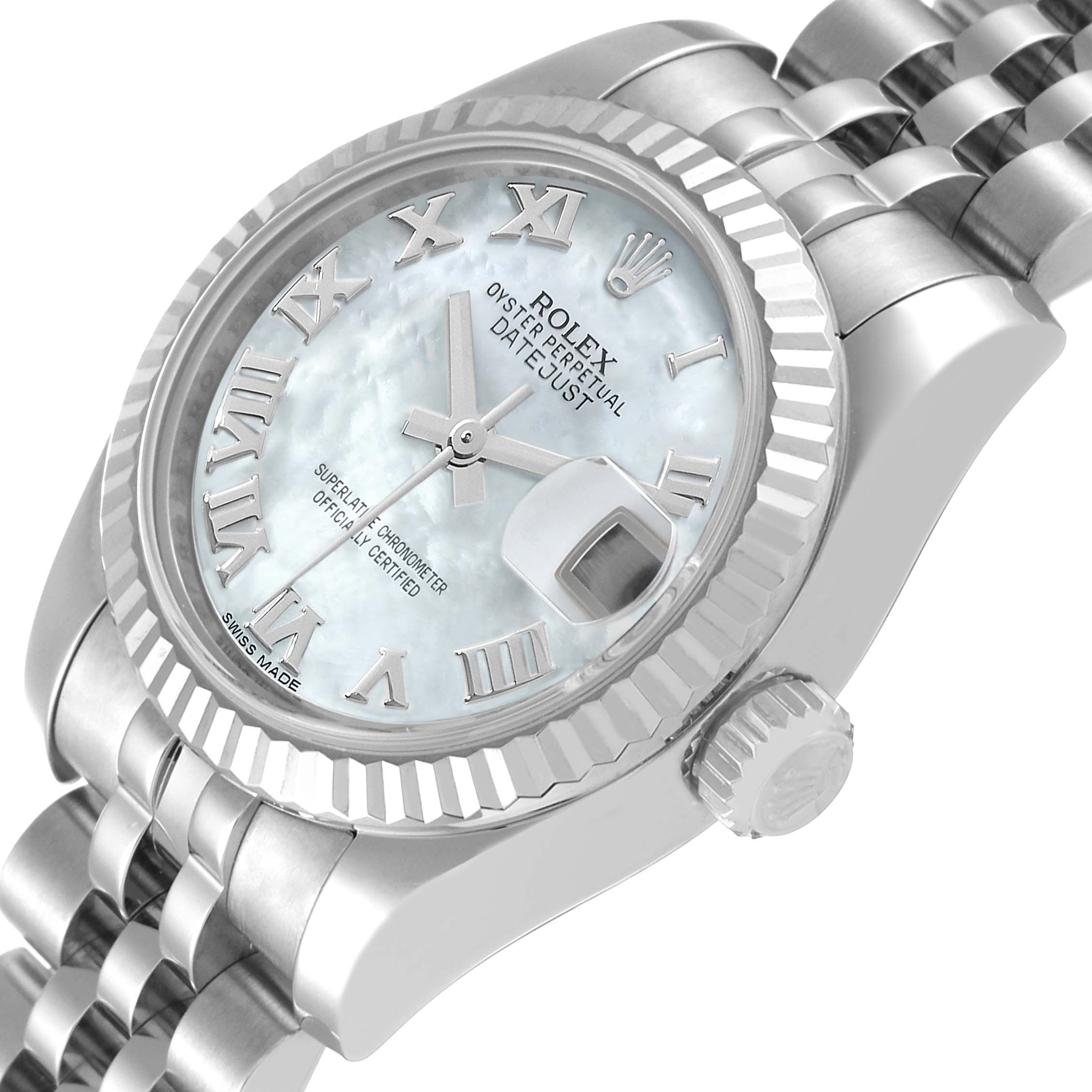This image shows a close-up angle of the Rolex Datejust 179174 Women's Stainless Steel Mother of Pearl Dial 179174 Women's Stainless Steel Mother of Pearl Dial watch, highlighting its dial, bezel, crown, and bracelet.