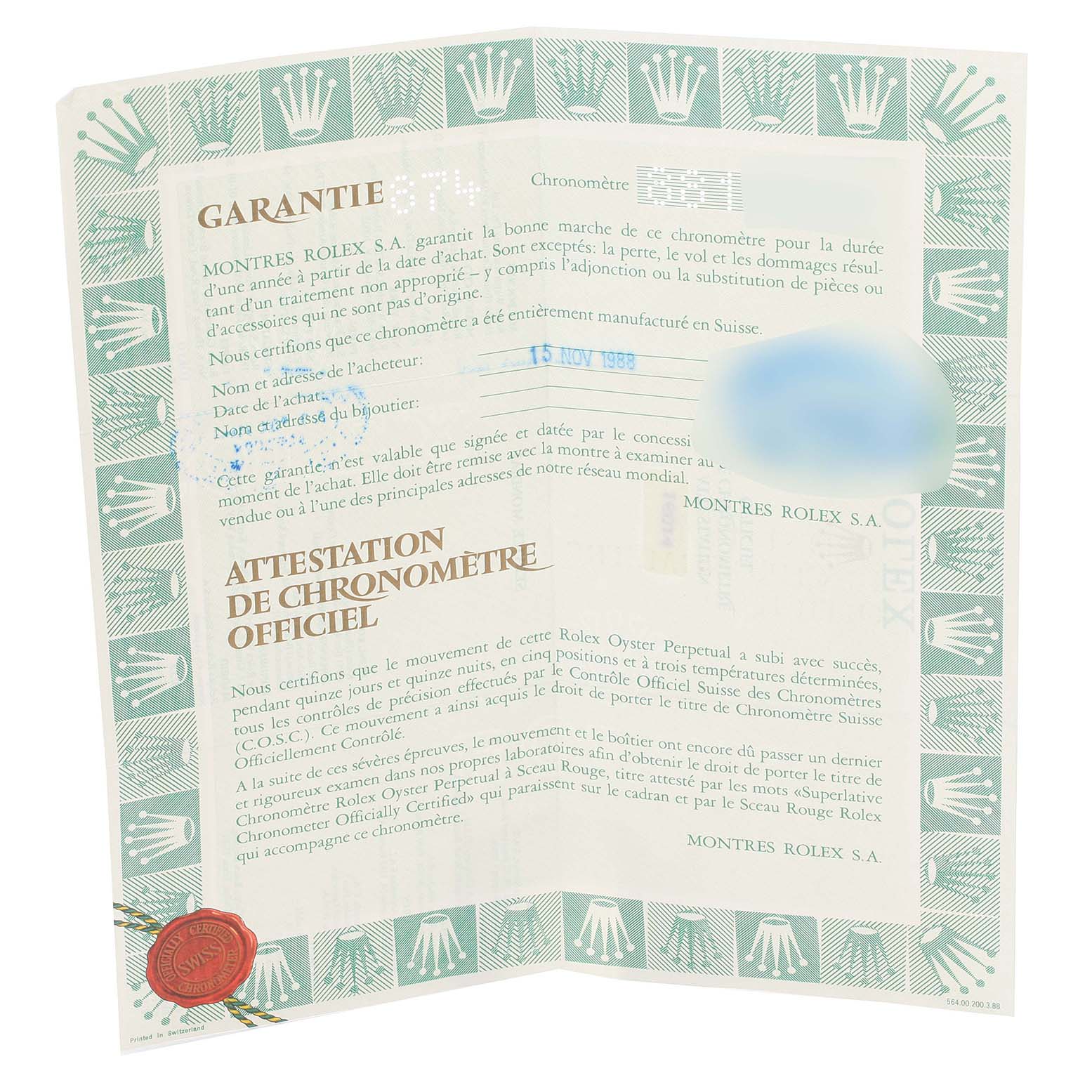 This image shows the official warranty and chronometer certification document for a Rolex Datejust 16014 Men's Stainless Steel White Dial 16014 Men's Stainless Steel White Dial watch.