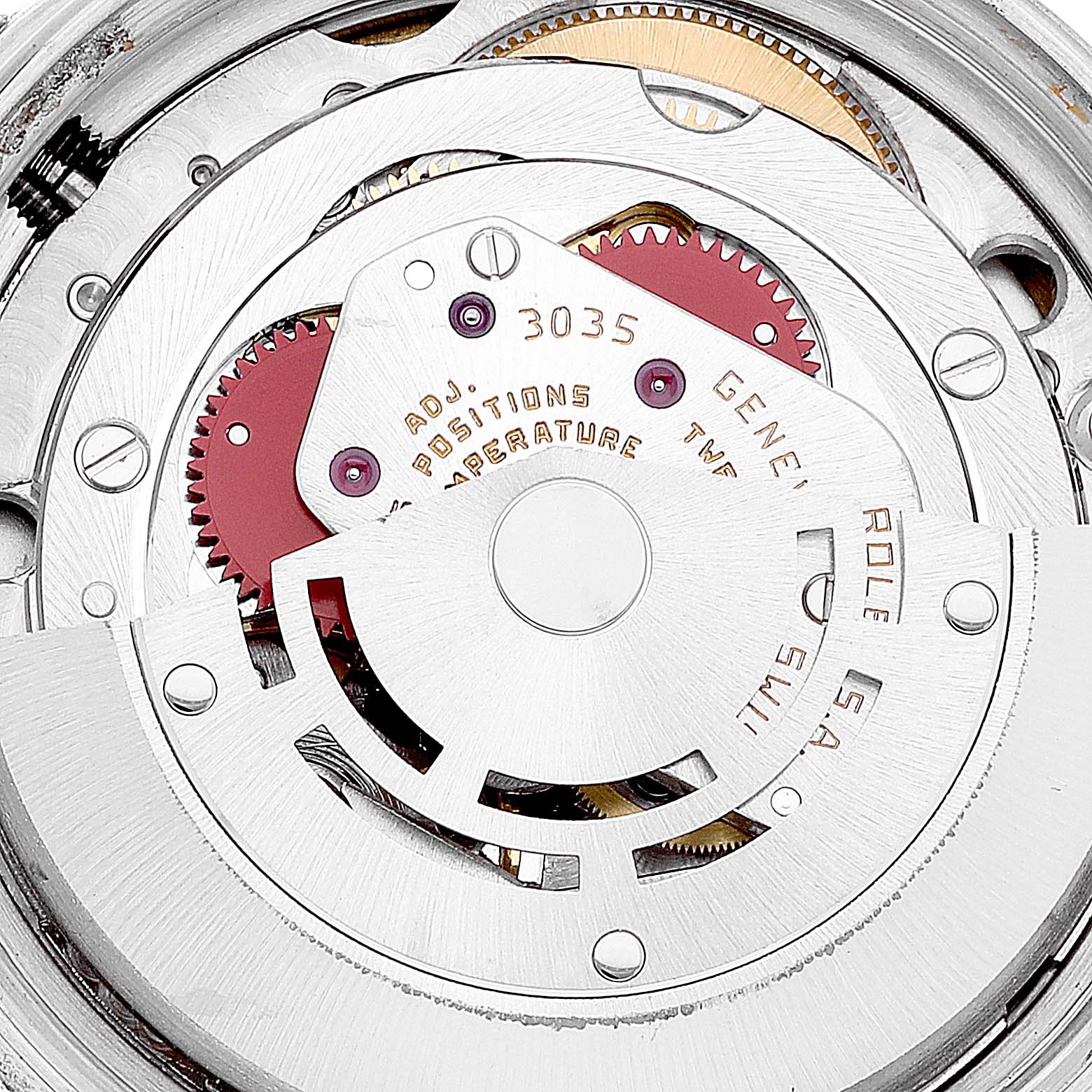 This image shows a close-up view of the movement mechanism inside a Rolex Datejust 16014 Men's Stainless Steel White Dial 16014 Men's Stainless Steel White Dial watch.