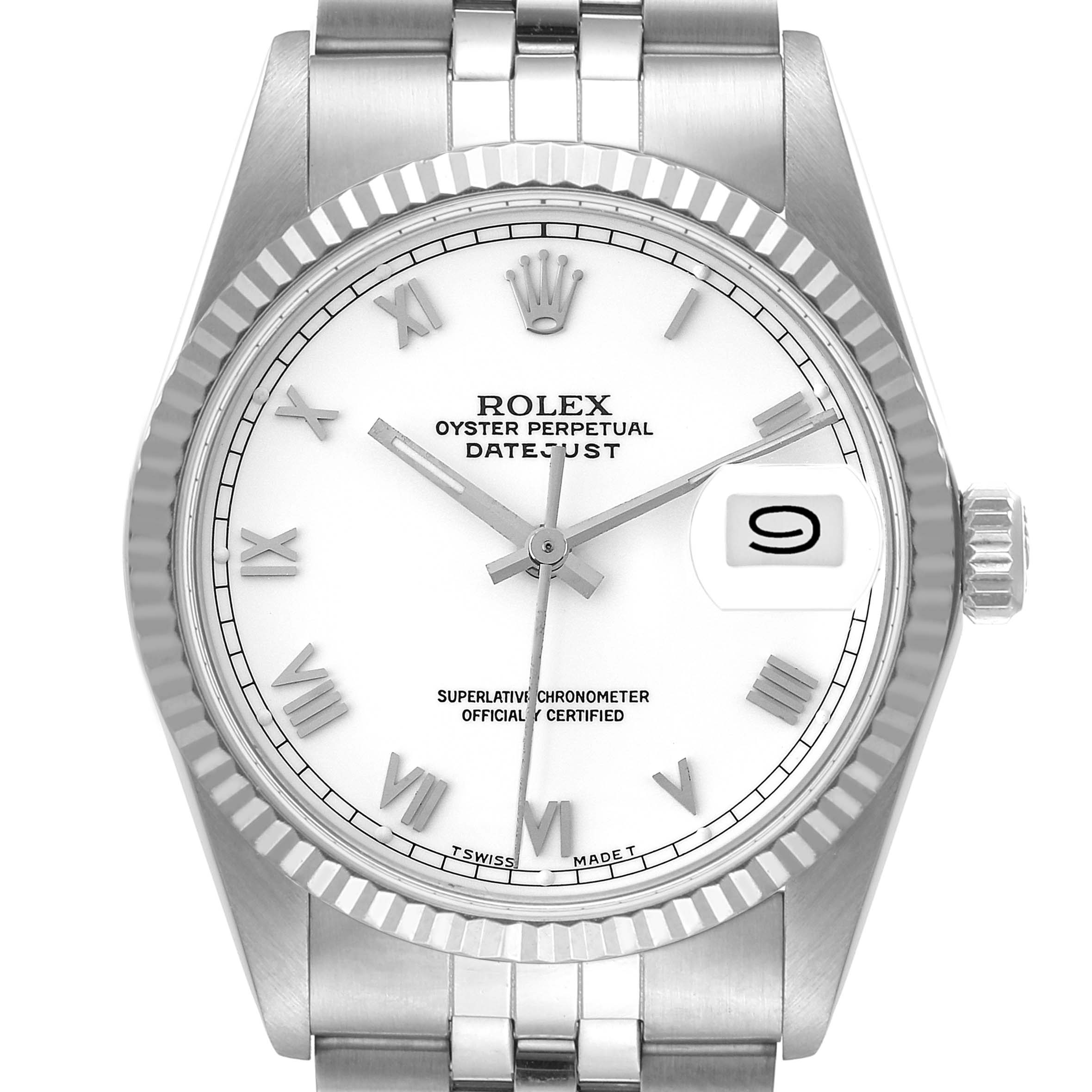 The image shows a front view of a Rolex Datejust 16014 Men's Stainless Steel White Dial 16014 Men's Stainless Steel White Dial watch, displaying its dial, hands, date window, bezel, and part of the bracelet.
